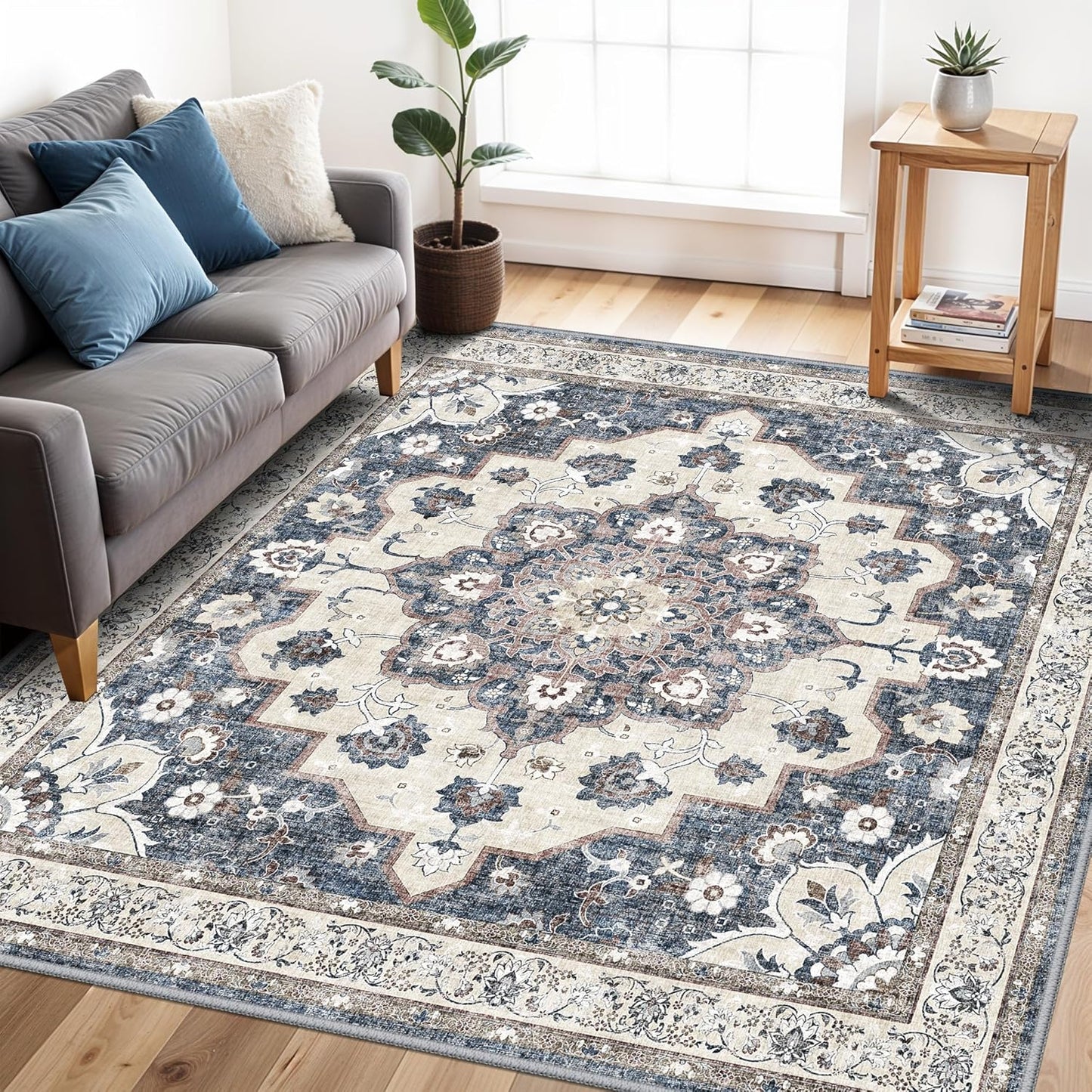 Skiennix 5x5 Square Rug - Stain Resistant Area Rug for Living Room, Bedroom & Dining Room | Non-Slip Blue Carpet