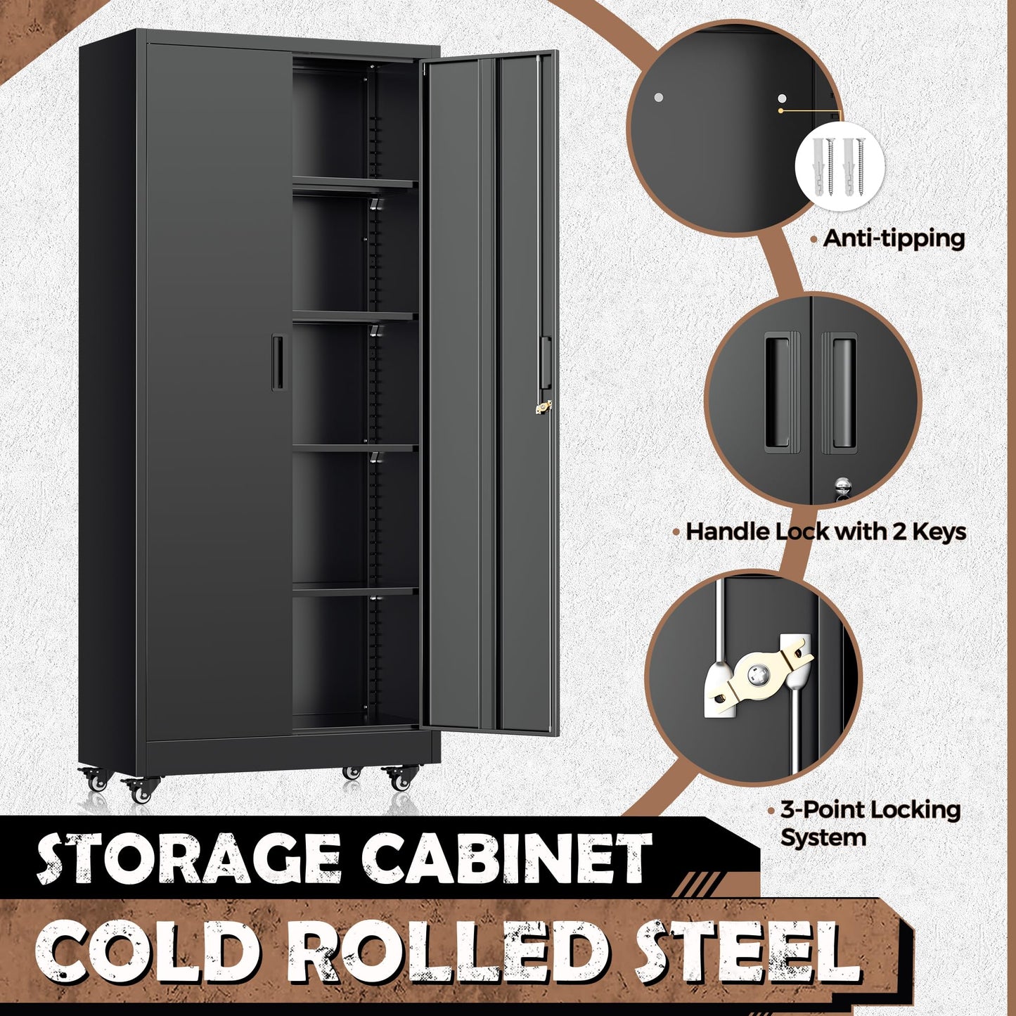 INTERGREAT Metal Garage Storage Cabinet with Wheels, Rolling Storage Cabinet with Locking Doors and 4 Adjustable Shelves,- 73" Steel Tool Cabinet for Home Office,Garage,Warehouse，Black
