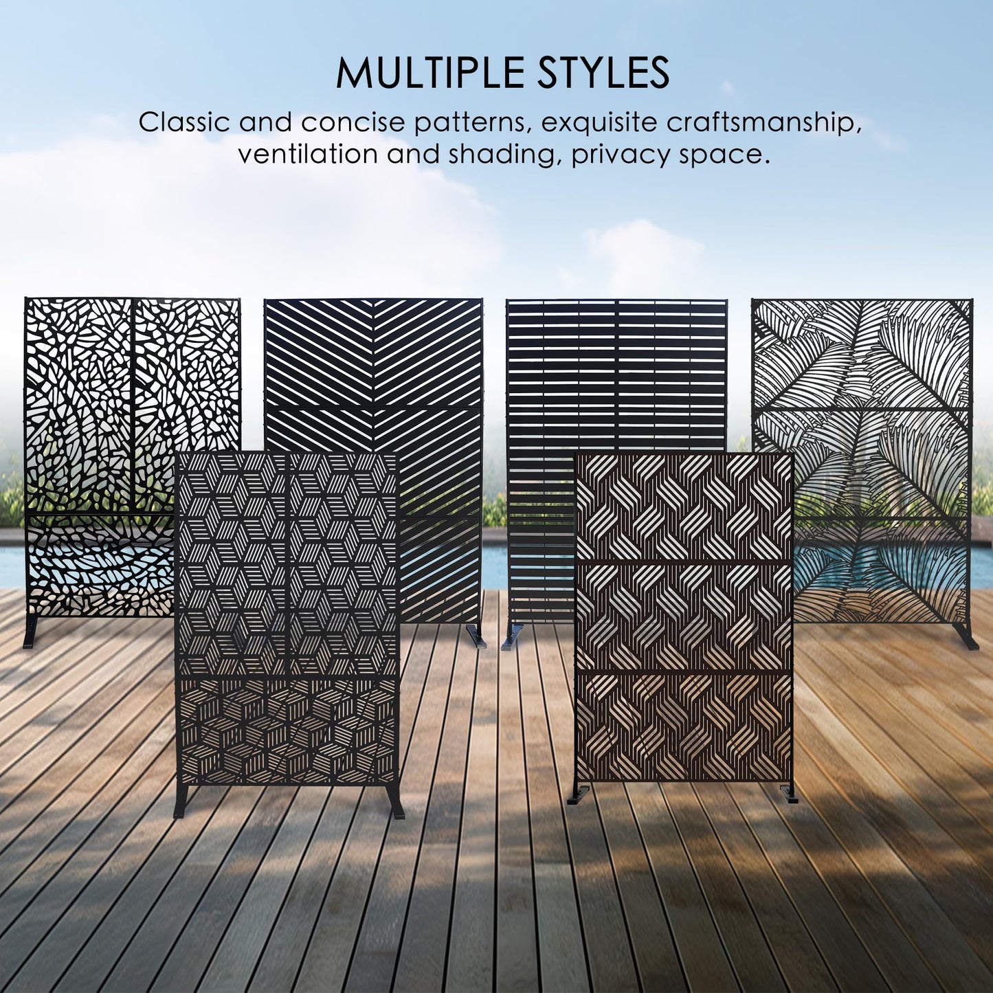 Kozyard Metal Privacy Screen 74" H x 47.2" W Decorative Outdoor Divider with Stand Panels Freestanding Screen Set for Deck Patio Balcony Garden Outdoor&Indoor(Black/Hexagonal Star)