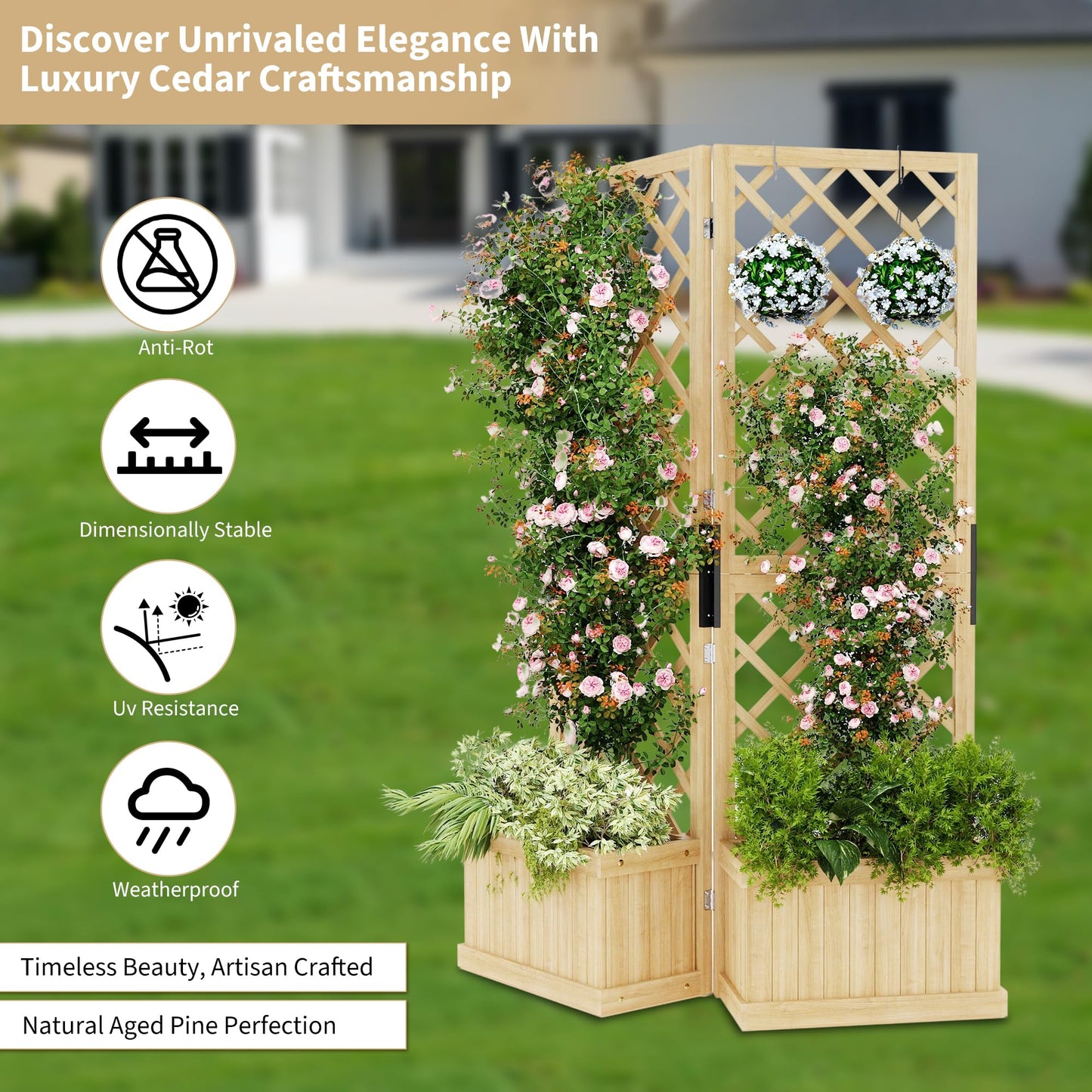 Cedar Privacy Screen with Planter Box - 2-Panel Freestanding Garden Fence, 41 in x10 in x65 in Tall Outdoor Divider with Drain Holes & Raised Bed for Patio, Deck & Backyard (Natural Wood)