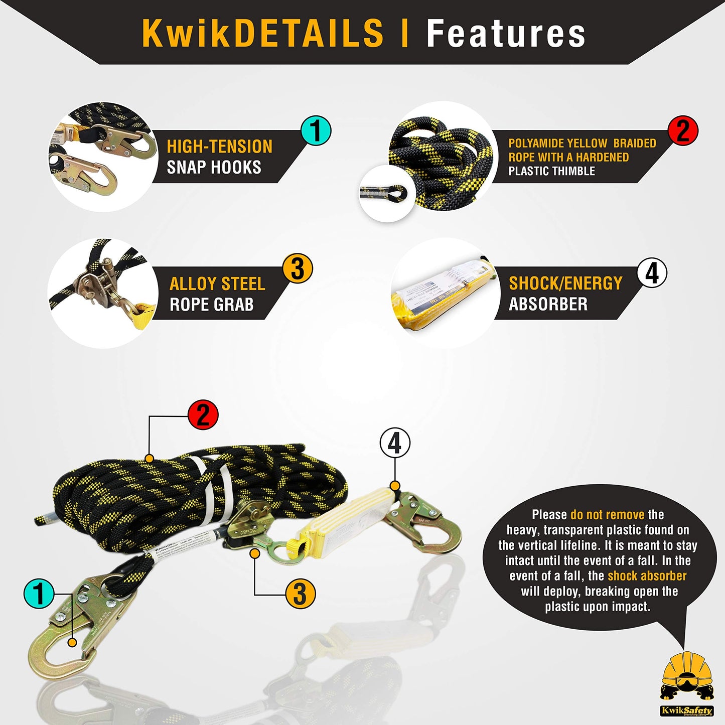 KwikSafety TORNADO [ASSEMBLY] 1D Ring Full Body Safety Harness, 50 ft Vertical Lifeline, Tool Lanyard, Roof Anchor ANSI OSHA PPE Fall Arrest