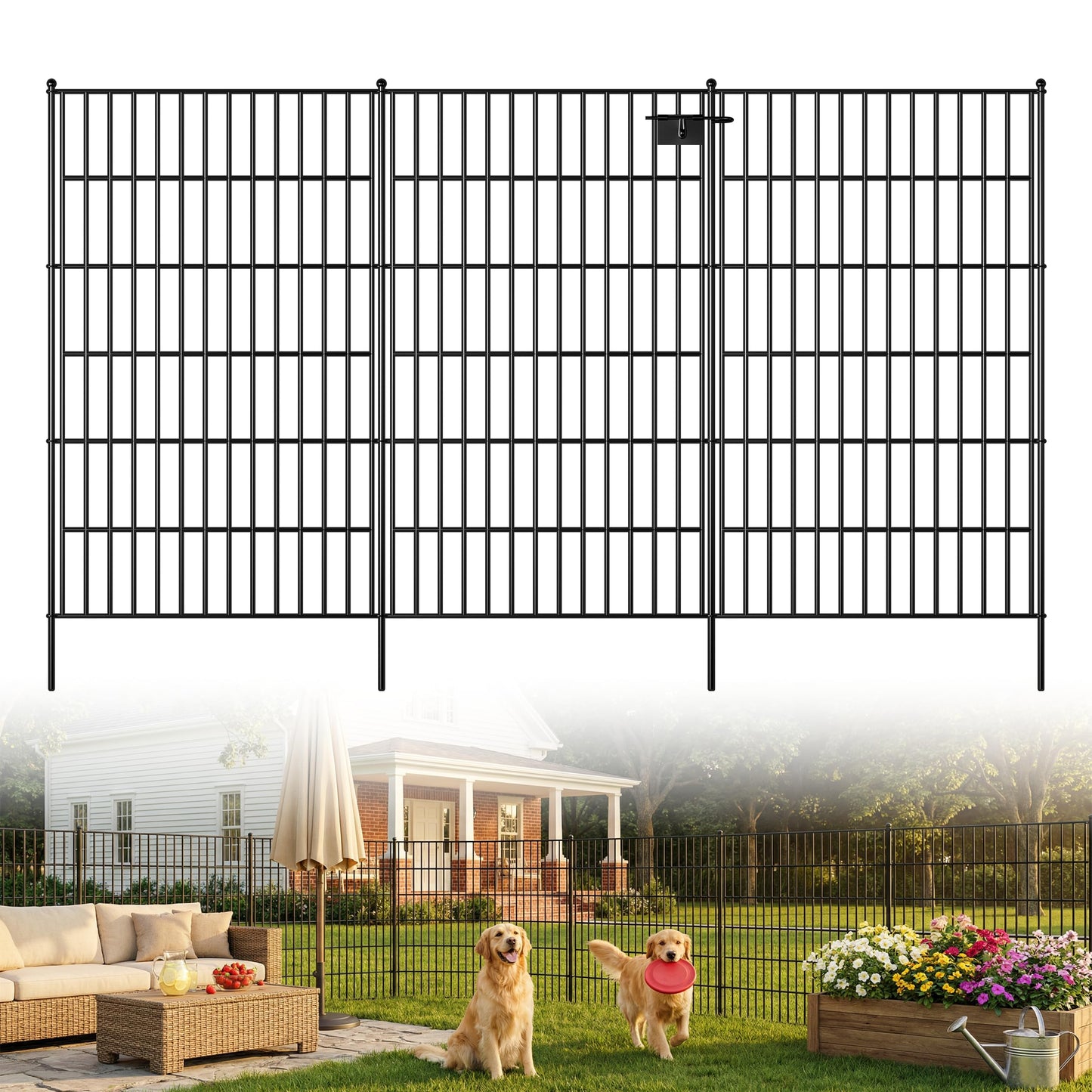 Toolterritary 10 Panels No Dig Garden Fence with Gate, 48in(H) x 25ft(L) Rustproof Metal Animal Barrier Fence, Outdoor Decorative Yard Fencing with Ground Stakes for Dogs, Rabbits, Patio