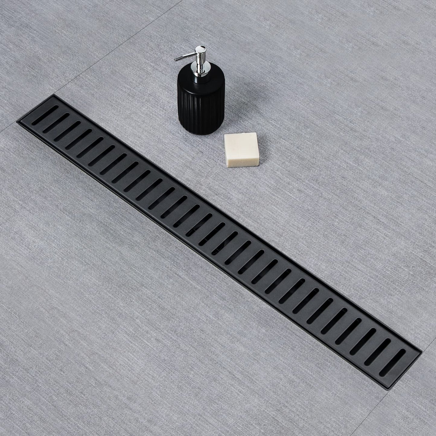 SaniteModar Linear Shower Drain 60 inch Matte Black with Removable Capsule Pattern Grate,Brushed 304 Stainless Steel Shower Drain Include Hair Strainer,Adjustable Leveling Feet