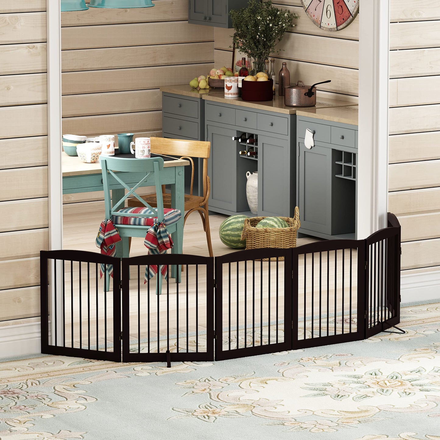 PUPETPO Freestanding Pet Gate for Dogs, Foldable Wooden Dog Gate for House, Extra Wide Indoor Pet Barrier for Stair, Doorway, Hall, Support Feet Included, 120 Inch Wide, 6 Panels 24", Brown