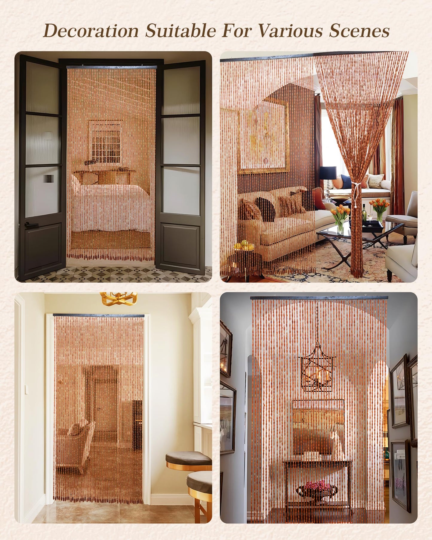 Ezcasch 52 Strands 35.4" x 79" Bamboo and Wood Beaded Curtain for Doorway Handmade Natural Doorway Beads Bohemian Bamboo and Wooden Room Devider Hanging Boho Beaded Curtain,Brown