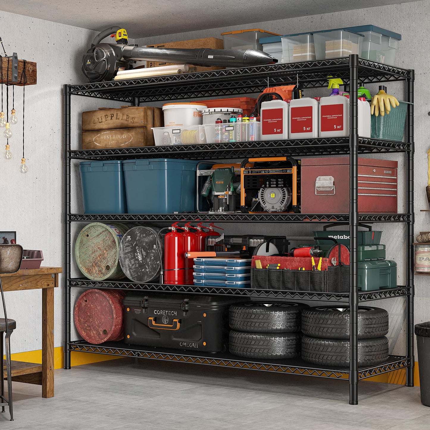 REIBII 85.7"H Garage Shelving 2998LBS Storage Shelves with Wheels&Feet,5 Tier Garage Shelves Heavy Duty Adjustable Wire Shelving for Basement Commercial Industrial Pantry, 85.7"H X 55.5"W X 24.2"D