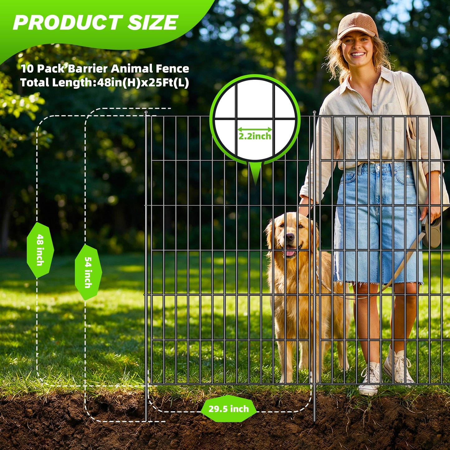 Toolterritary 10 Panels No Dig Garden Fence with Gate, 48in(H) x 25ft(L) Rustproof Metal Animal Barrier Fence, Outdoor Decorative Yard Fencing with Ground Stakes for Dogs, Rabbits, Patio