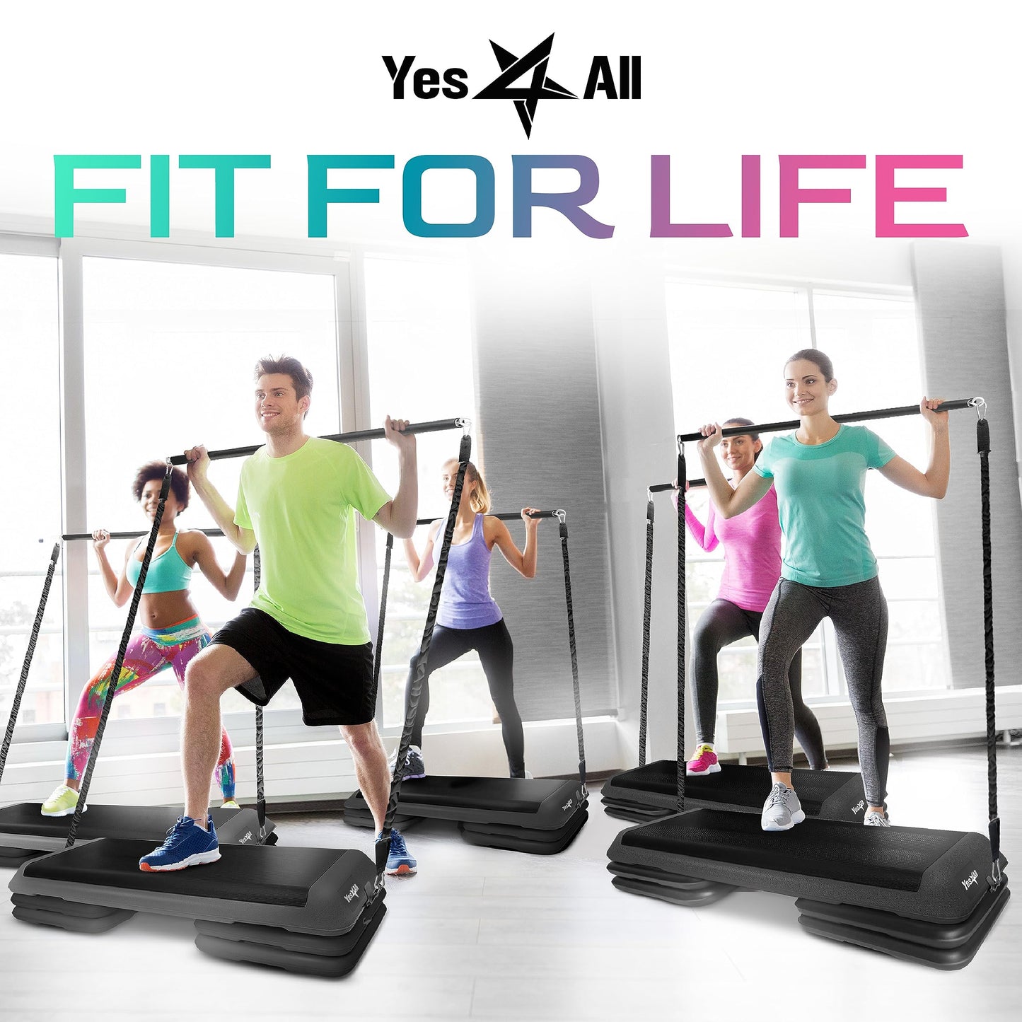 Yes4All Adjustable Workout Aerobic Exercise Step Platform Health Club Size with 4 Adjustable Risers Included and Advanced Risers Options - Black