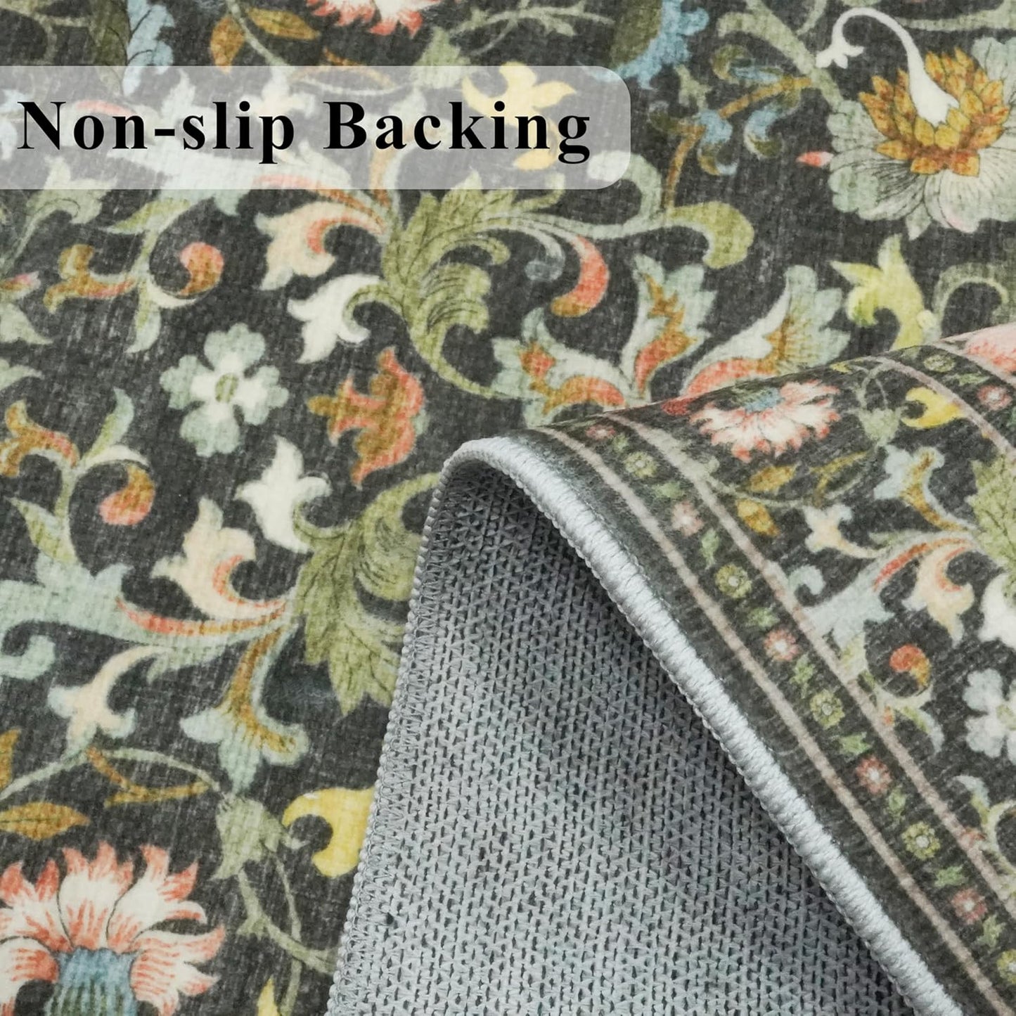 Skiennix Washable 4x6 Bedroom Rug - Non-Slip Floral Carpet for Living Room & Kitchen | Soft Boho Doormat in Green