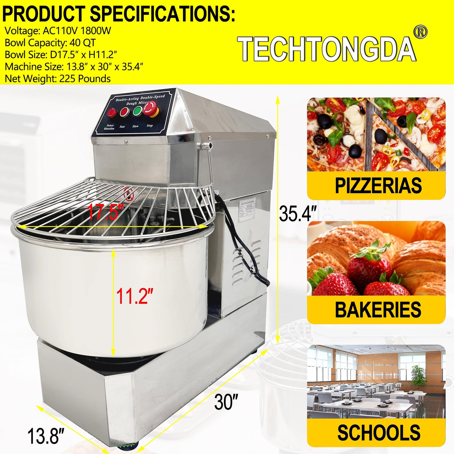 LGXEnzhuo 40L Commercial Dough Mixer with Dual Rotation and Double Speed, 1800W Electric Dough Kneading Machine - Stainless Steel, Spiral Hook, Emergency Stop, for Pizze and Bread
