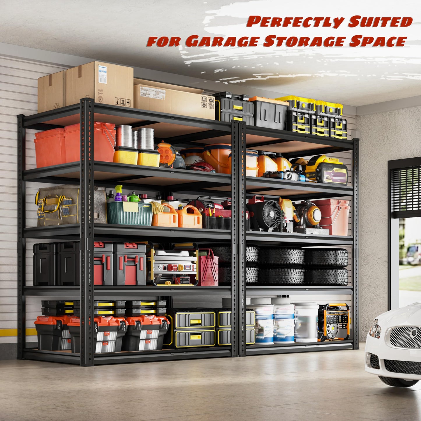 ROOMFAVE 2250LBS Storage Shelves Heavy Duty 5 Tier Garage Storage Shelves, Adjustable Metal Shelving Unit Utility Rack Shelf for Warehouse,Pantry,Closet,Kitchen 72" H x 35.56" W x 16" D, Black,Gift
