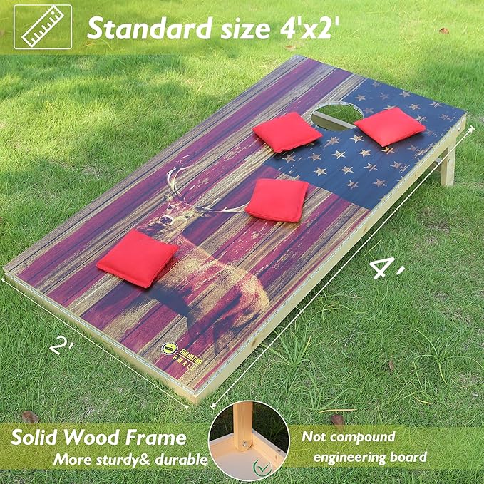 LED Cornhole Board Set 4FTx2FT Solid Wood Regulation Size Cornhole Set with LED Lights Includes 8 Cornhole Bags for Adults (USA Flag & Deer, 4'x2')