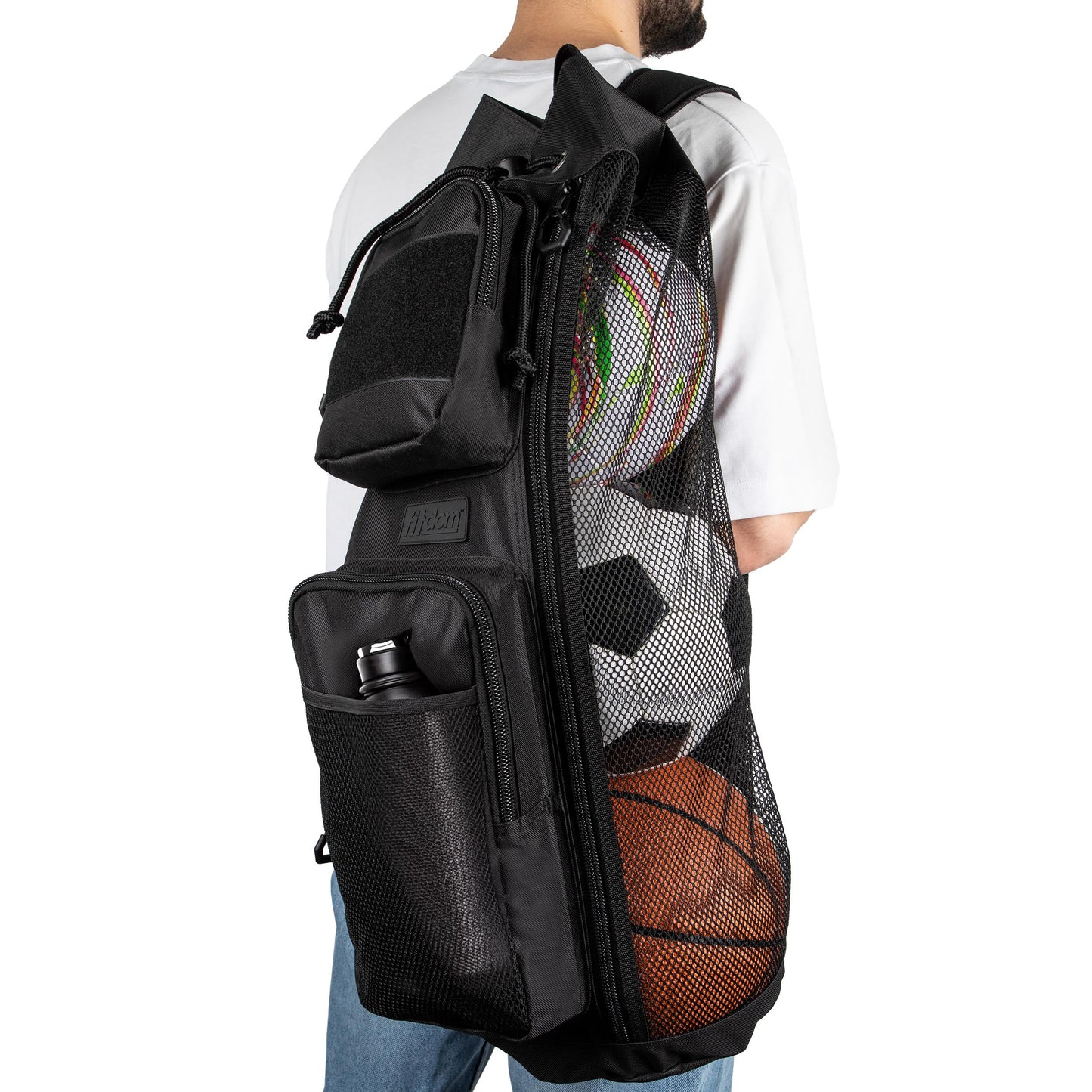 Fitdom 47L Heavy Duty Mesh Equipment Ball Bag w/Adjustable Padded Sling Shoulder Strap Design for Coach. 3 Different Size Compartments. Perfect for Soccer Football Volleyball Basketball & Water Sports