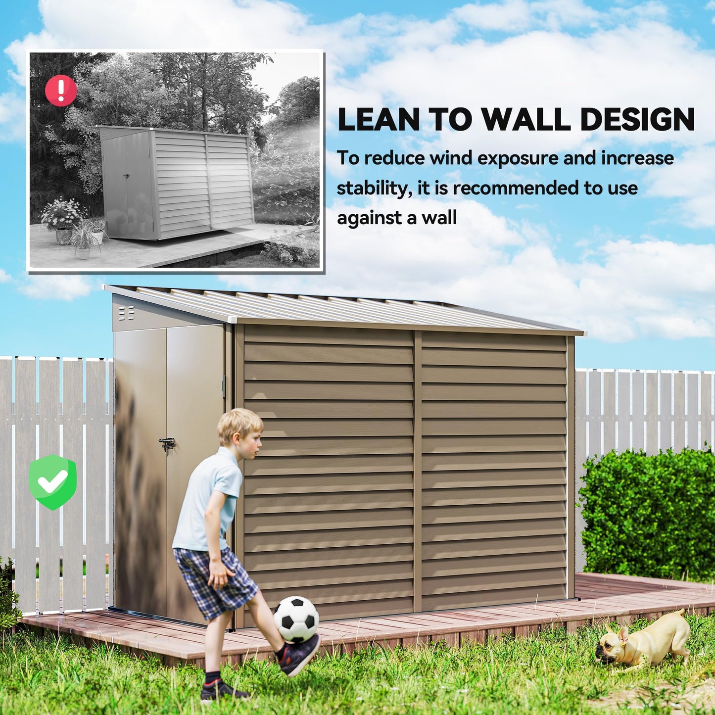 Outsunny 4.6' x 9' Steel Outdoor Storage Shed, Waterproof Lean to Shed, Metal Garden Tool House with Foundation Kit, Lockable Doors, Gloves and 2 Air Vents for Backyard, Patio, Lawn, Brown