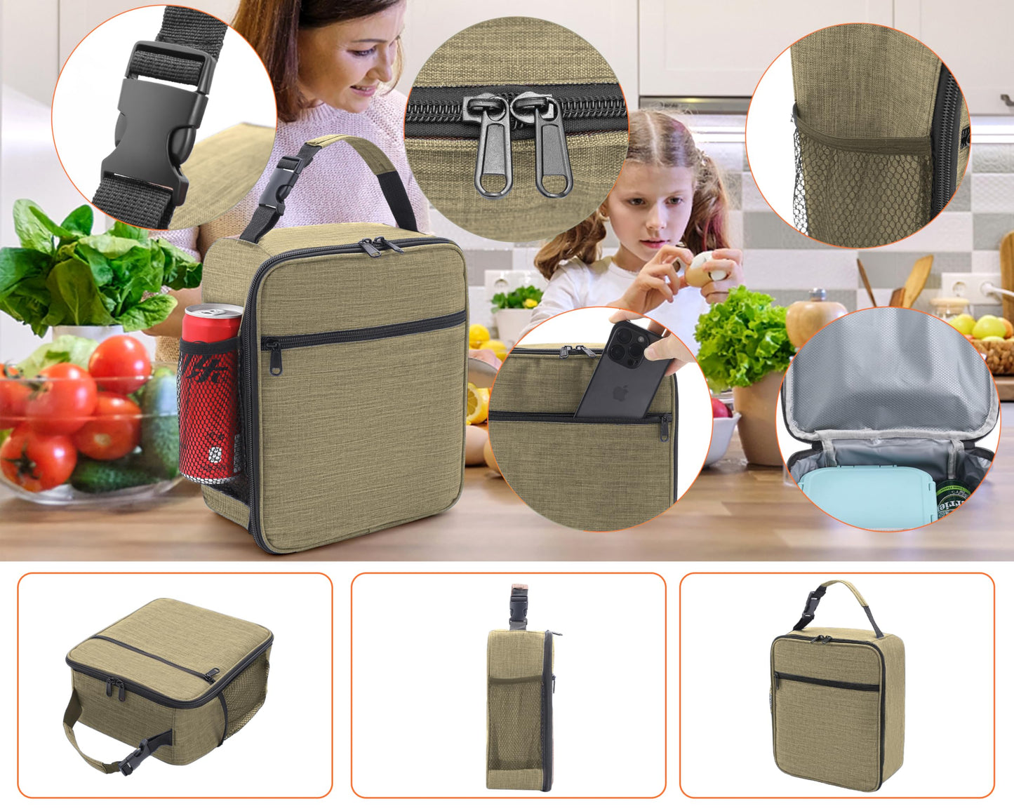 ZM-YOUTOO Lunch Box for Men - Reusable Lunch Bag Men Adult Women- Insulated Small LunchBox (Beige)