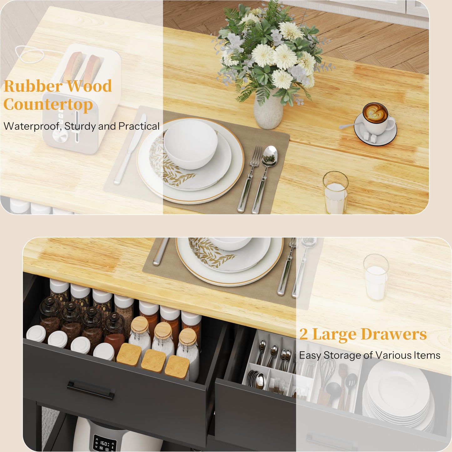 DynJest 47.3" Solid Rubberwood Kitchen Island with Power Outlets - Extra Large Work Surface, 2 Drawers & Open Shelves Storage Cabinet for Kitchen Dining Room, Farmhouse Style (Black)