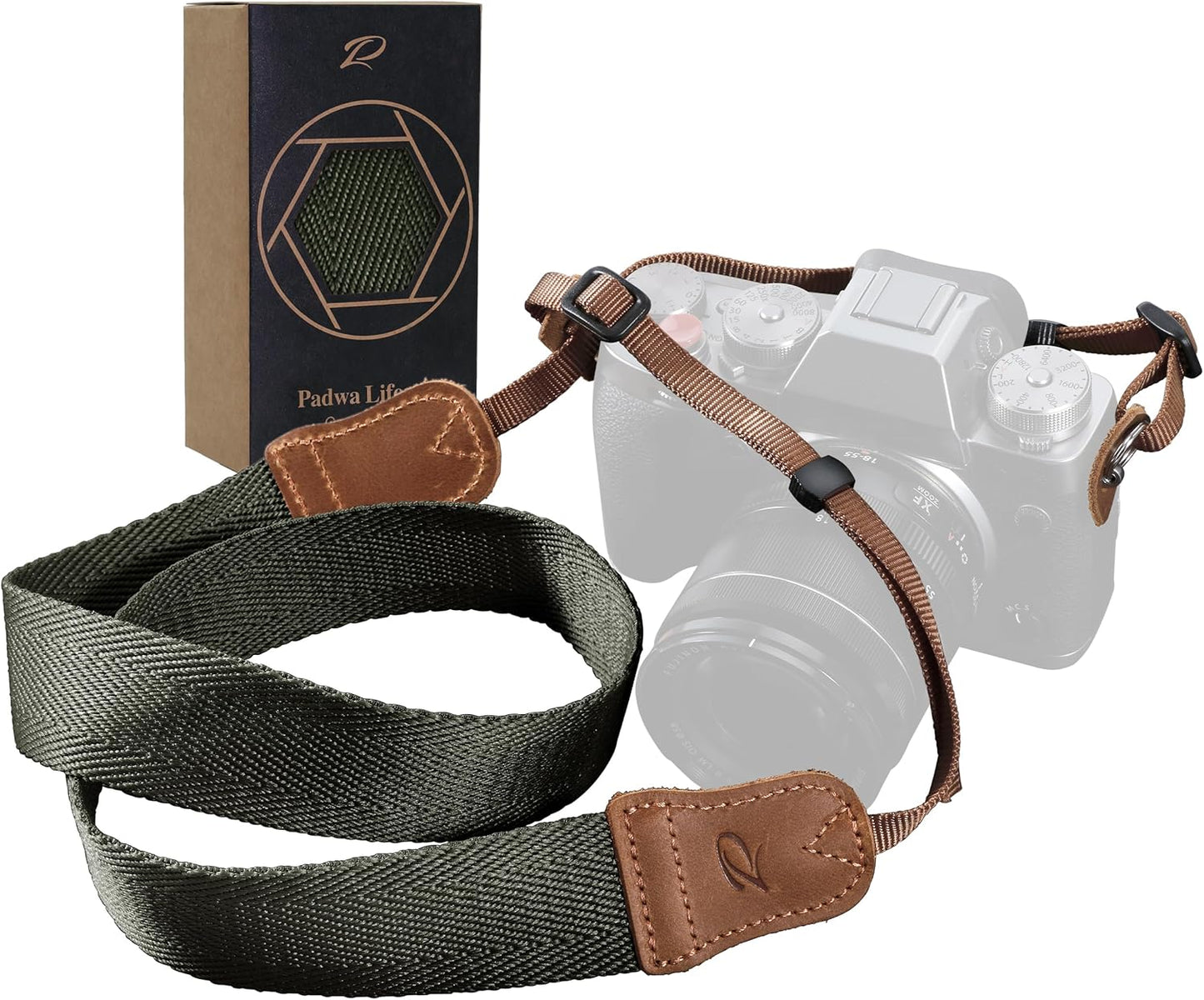 Ends,1.5"Wide Olive Green Camera Strap,Double Layer top-grain Cowhide Pure Cotton Woven Camera Strap,Adjustable