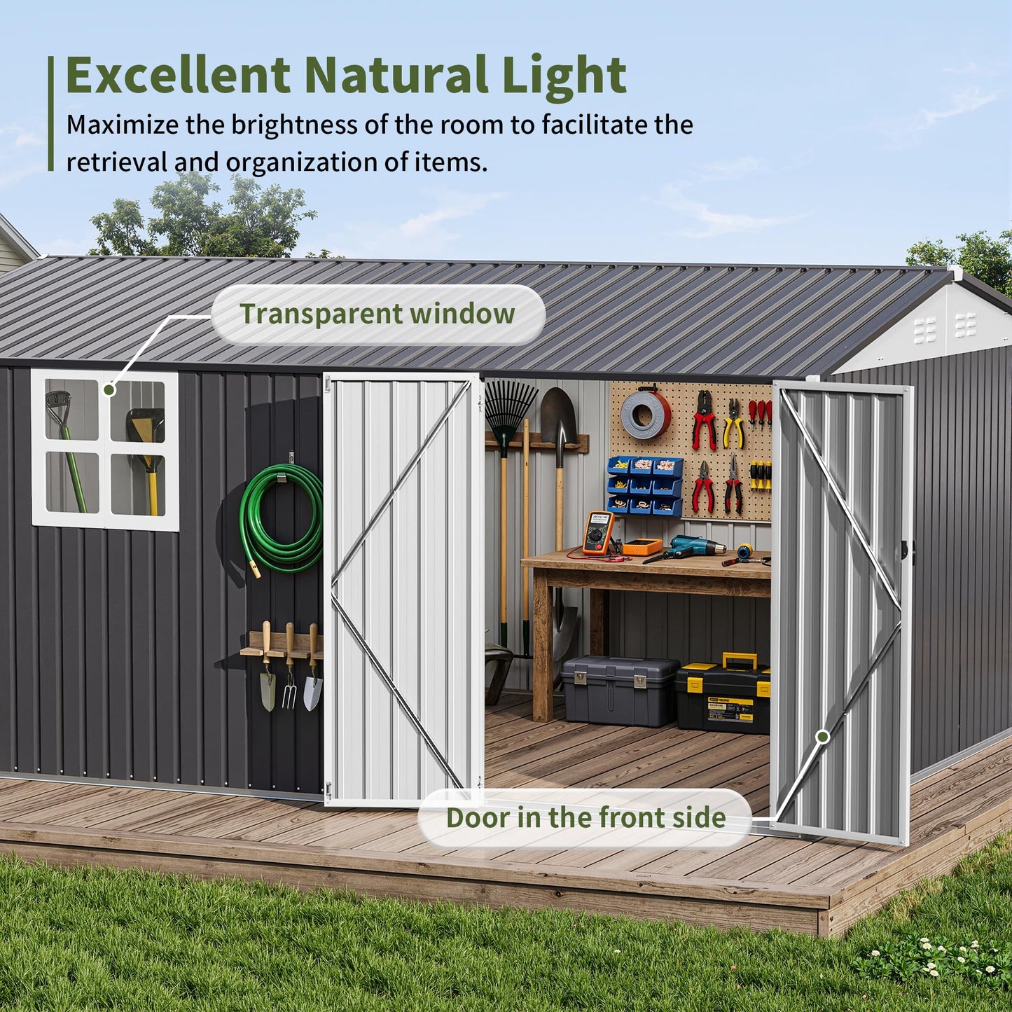Polar Aurora 12X14 FT Metal Outdoor Storage Sheds with Window, Heavy-Duty Galvanized Steel Garden Shed with Lockable Doors and 4 Vents, Large Weatherproof Tool Shed Kit for Backyard Patio, Black