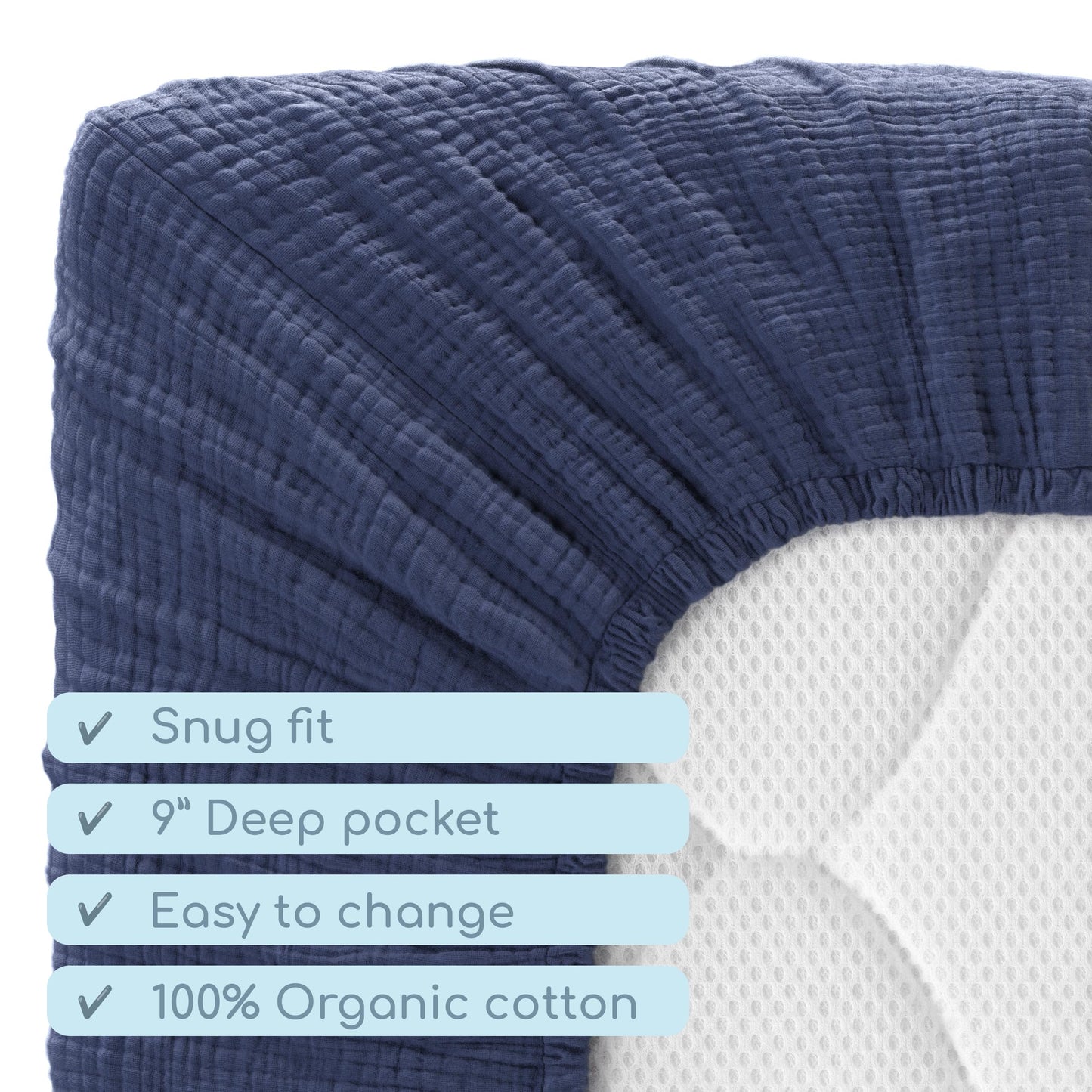 ROMY RO Muslin Crib Sheets, 100% Organic Cotton, Breathable and Ultra-Soft, Standard Crib Sheet Mattress (28"x 52") for Girls and Boys, Neutral Fitted Baby Crib Sheet (Navy)