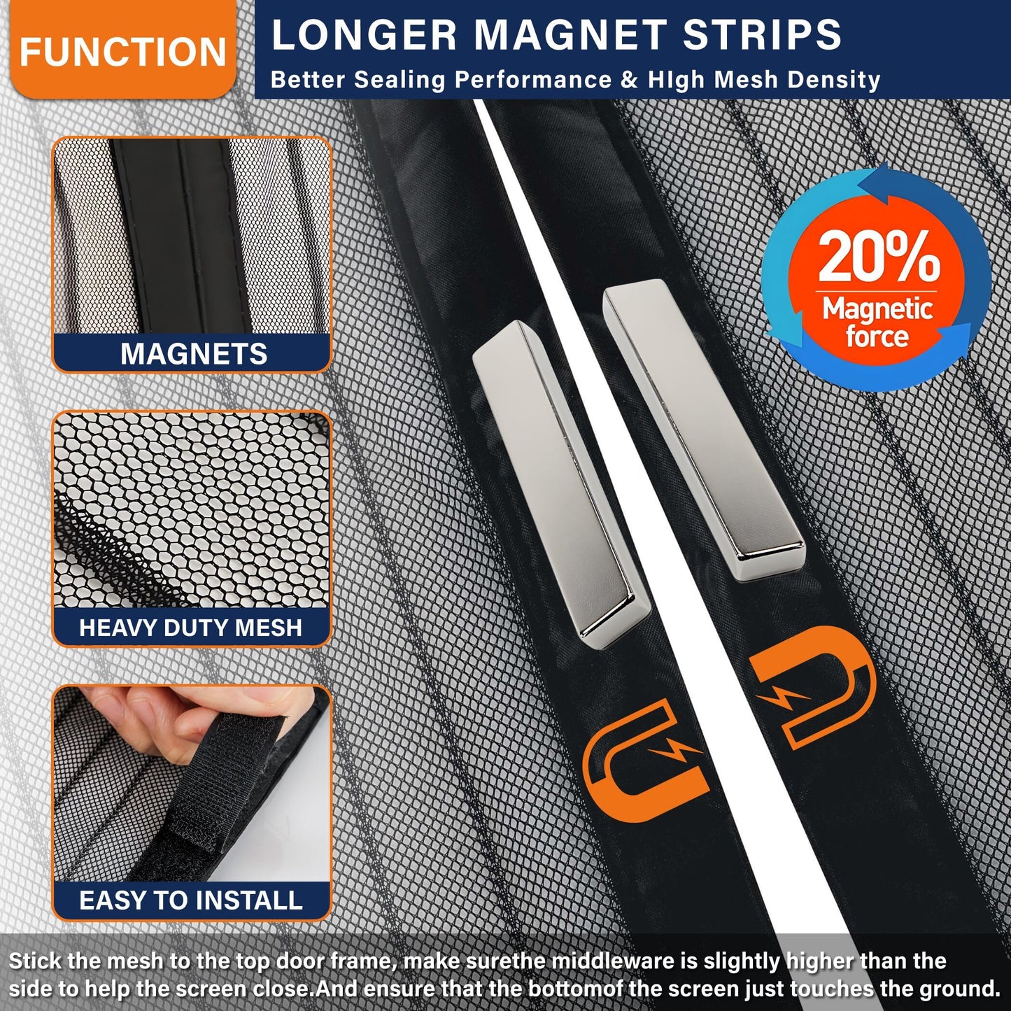 Magnetic Screen Door, Heavy Duty Door Screen Magnetic Closure Keep Bugs Out,Pet & Kid Friendly，Hands Free Door Screen Fit Door Size40 x 96 Inches ‎Black