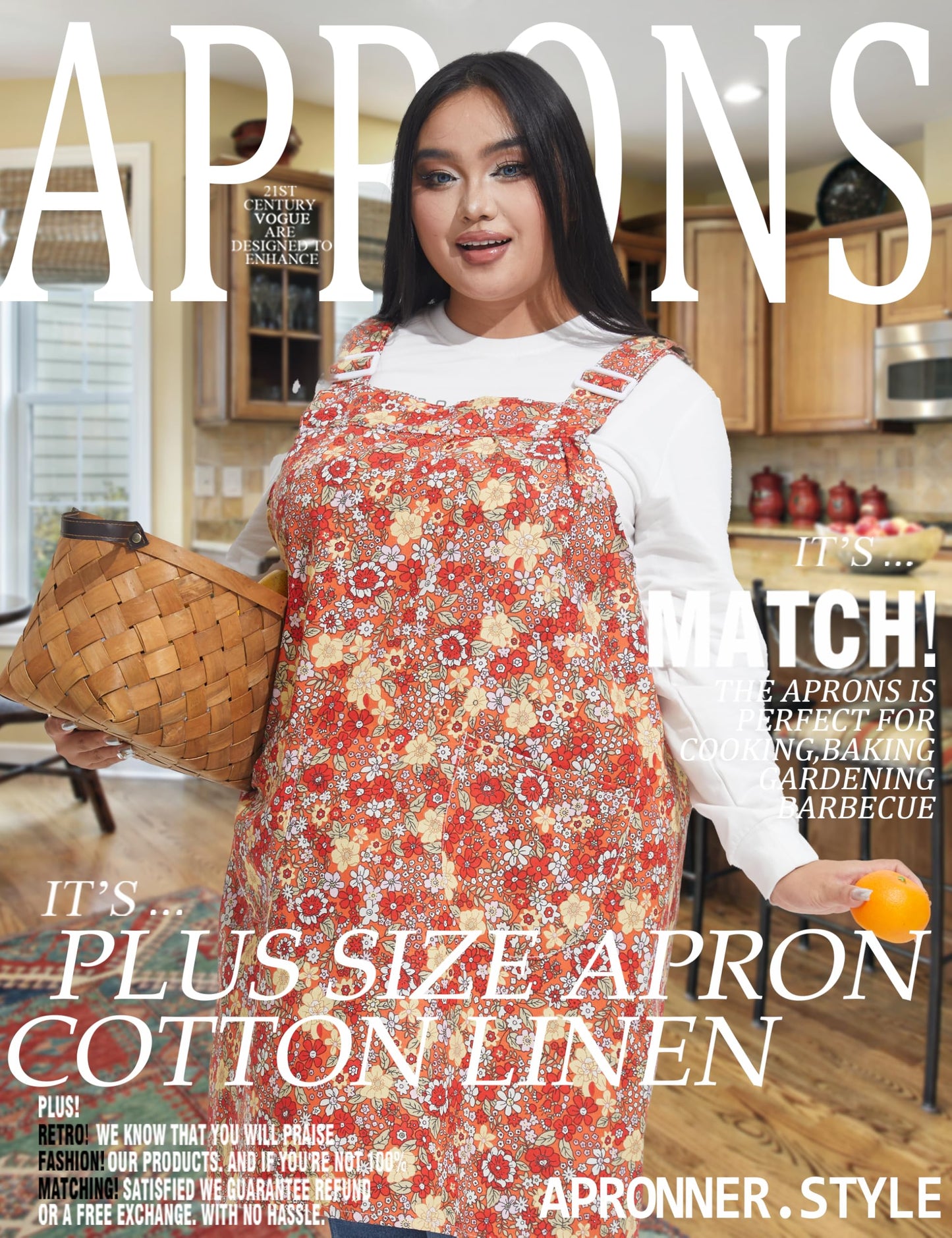 APRONNER No Ties Plus Size Aprons for Women with Pockets Cotton Linen Baking Kitchen Cooking Red Floral