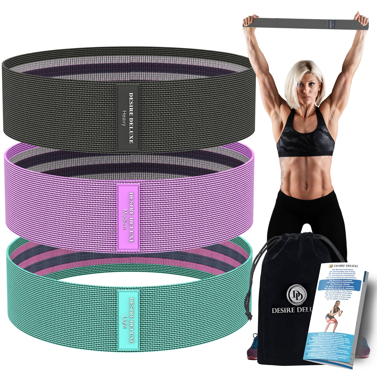 Desire Deluxe Premium Resistance Bands Set – Fabric Stretch Bands for Strength Training, Physical Therapy, Pilates & Yoga, Non-Slip Workout Bands for Men & Women (3 Pack)
