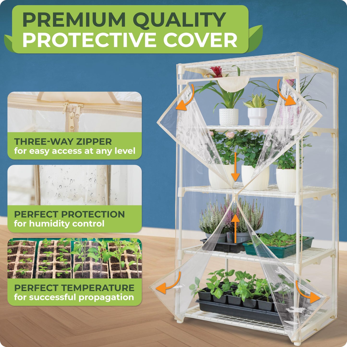 Carpathen Indoor Greenhouse with Grow Light - 4 Tiers 27.2"L x 19.3"W x 54"H with 2 Heat Mats and 4 Dimmable 15W Full Spectrum LED Light Strips w Spectrum Control - Mini Greenhouse with Zip PVC Cover
