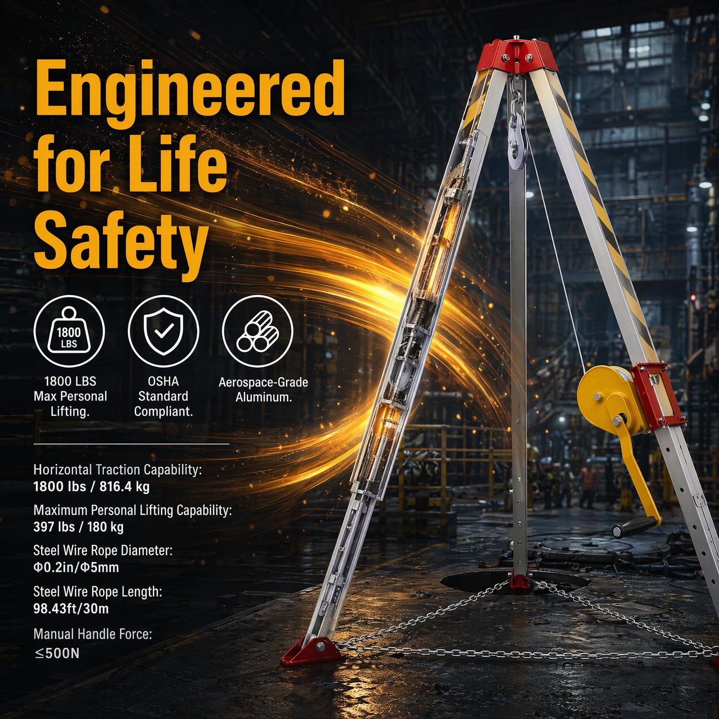 Fall Protection Equipment 1800lbs Confined Space Tripod Kit 98.43ft Steel Wire Rope Lifting Winch Adjustable Height 4.40-7.1FT Rescue Tripod System Aluminium Safety Device