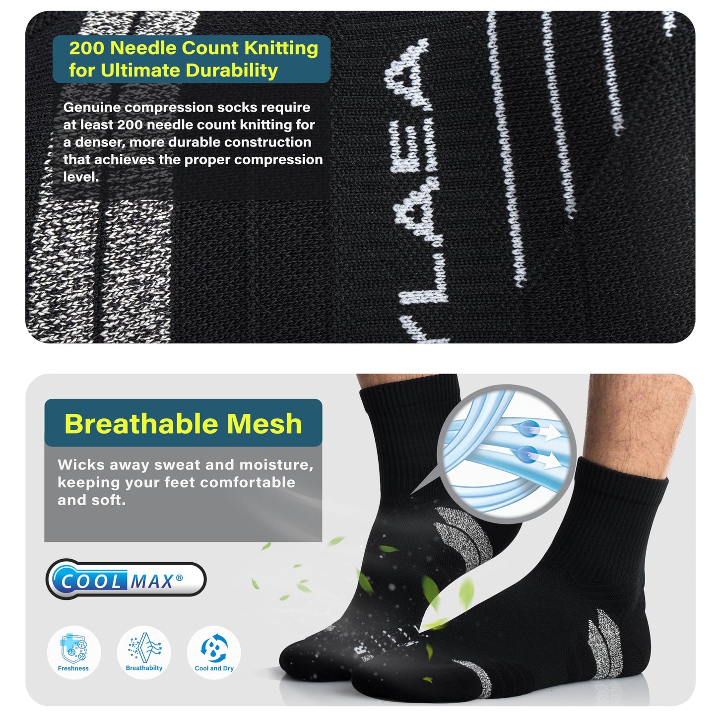 Hylaea Quarter Compression Running Socks, Anti-Blister Athletic Socks with Cushion and Moisture Wicking Coolmax, Black Large