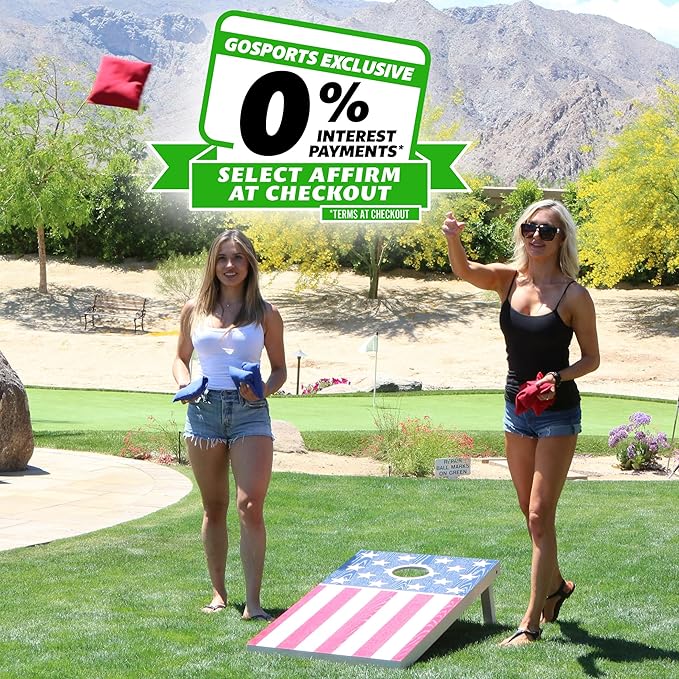 GoSports 4 x 2 ft Flag Series Wood Cornhole Sets – American Flag or State Flags – Includes 2 Regulation Size Boards, 8 Bean Bags, Carrying Case and Rules