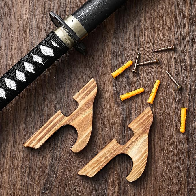 Chunful 2 Pcs Sword Wall Mount Sword Holder Katana Stand 1 Tier Hanger Adjustable Wooden Mounts for Samurai(5.91 x 2.76 x 1.38 Inches,Burnt Color)
