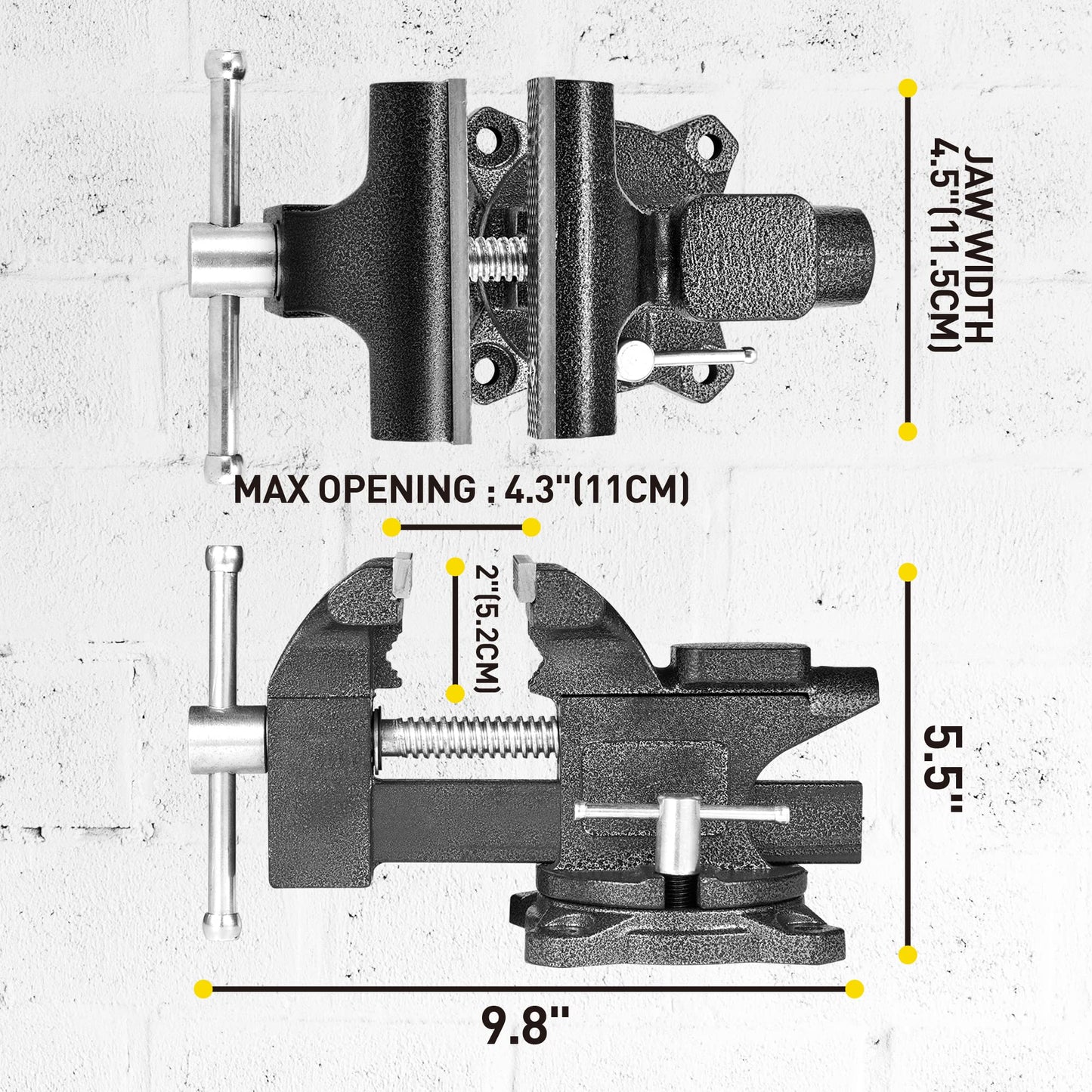Bench Vise 4-1/2", Vice for Workbench with Heavy Duty Forged Steel Construction, Built-in Pipe Jaw, Swivel Base Table Vise for Woodworking, Home Workshop Use and DIY Jobs