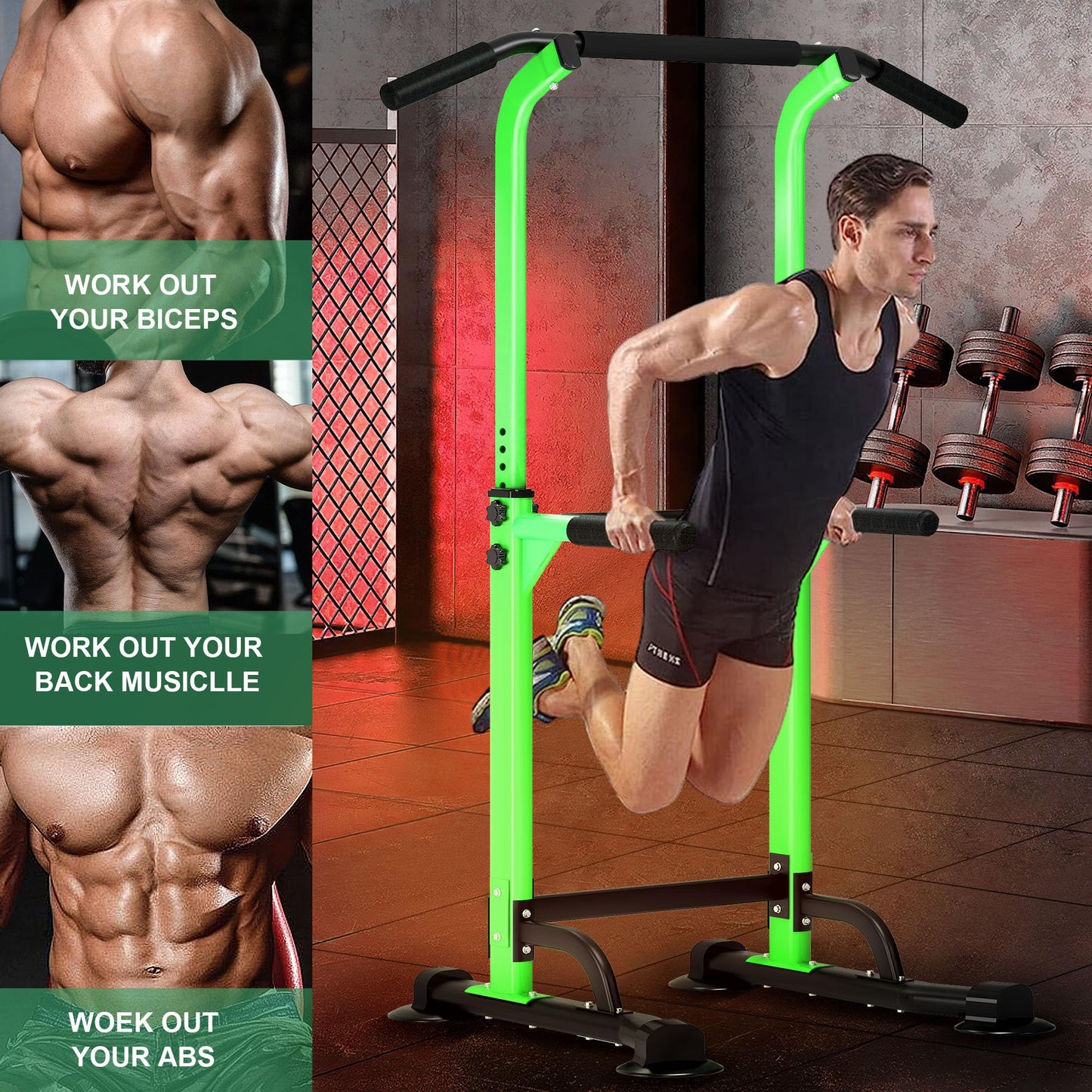 DlandHome Power Tower Dip Station Pull Up Bar for Home Gym Pull Up Bar Station Workout Equipment, Strength Training Fitness,Green