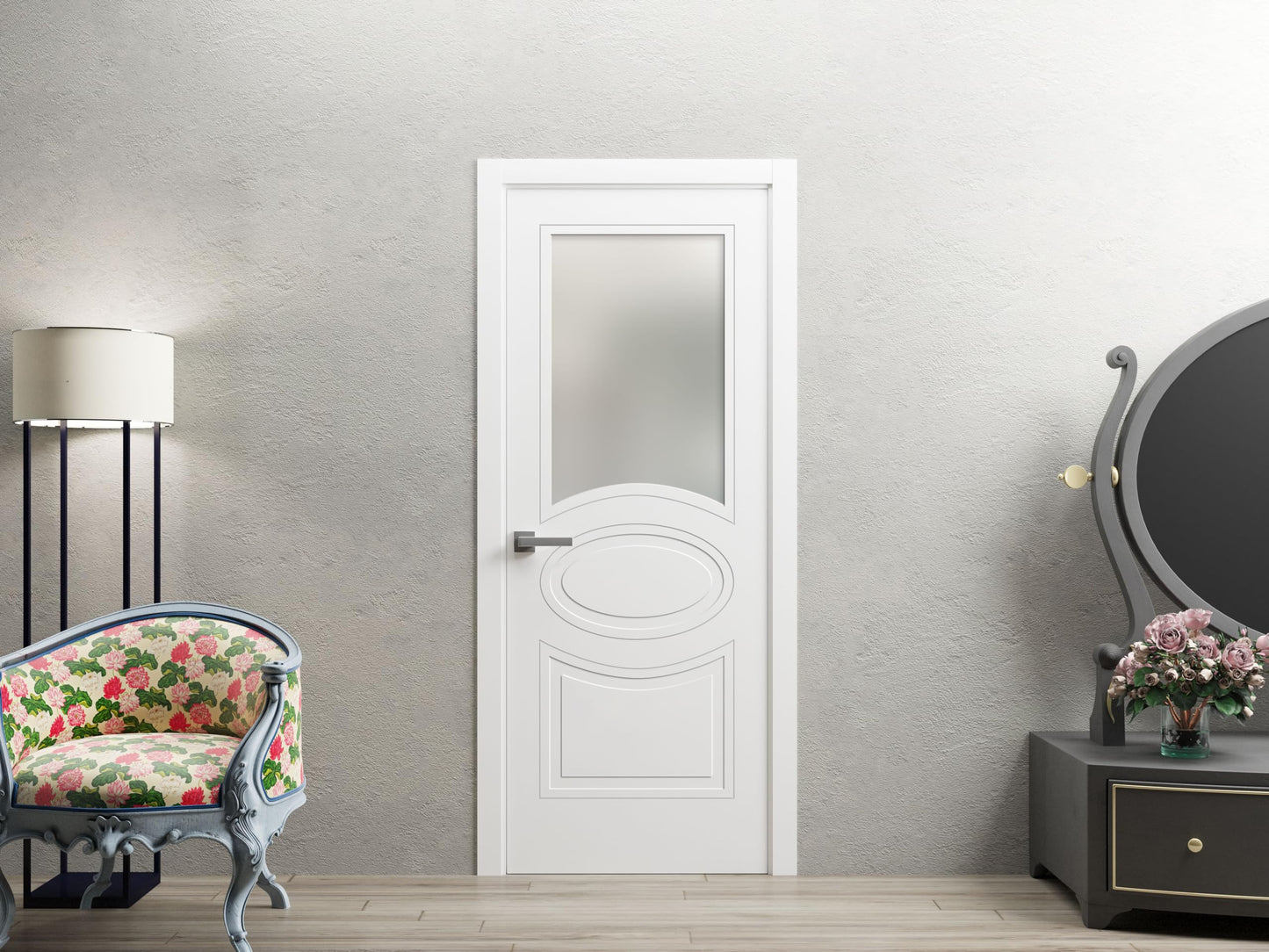 VDOMDOORS Solid French Door Opaque Glass 28x96 inches/Mela 7012 Matte White/Single Regular Panel Frame Handle/Bathroom Bedroom Modern Doors