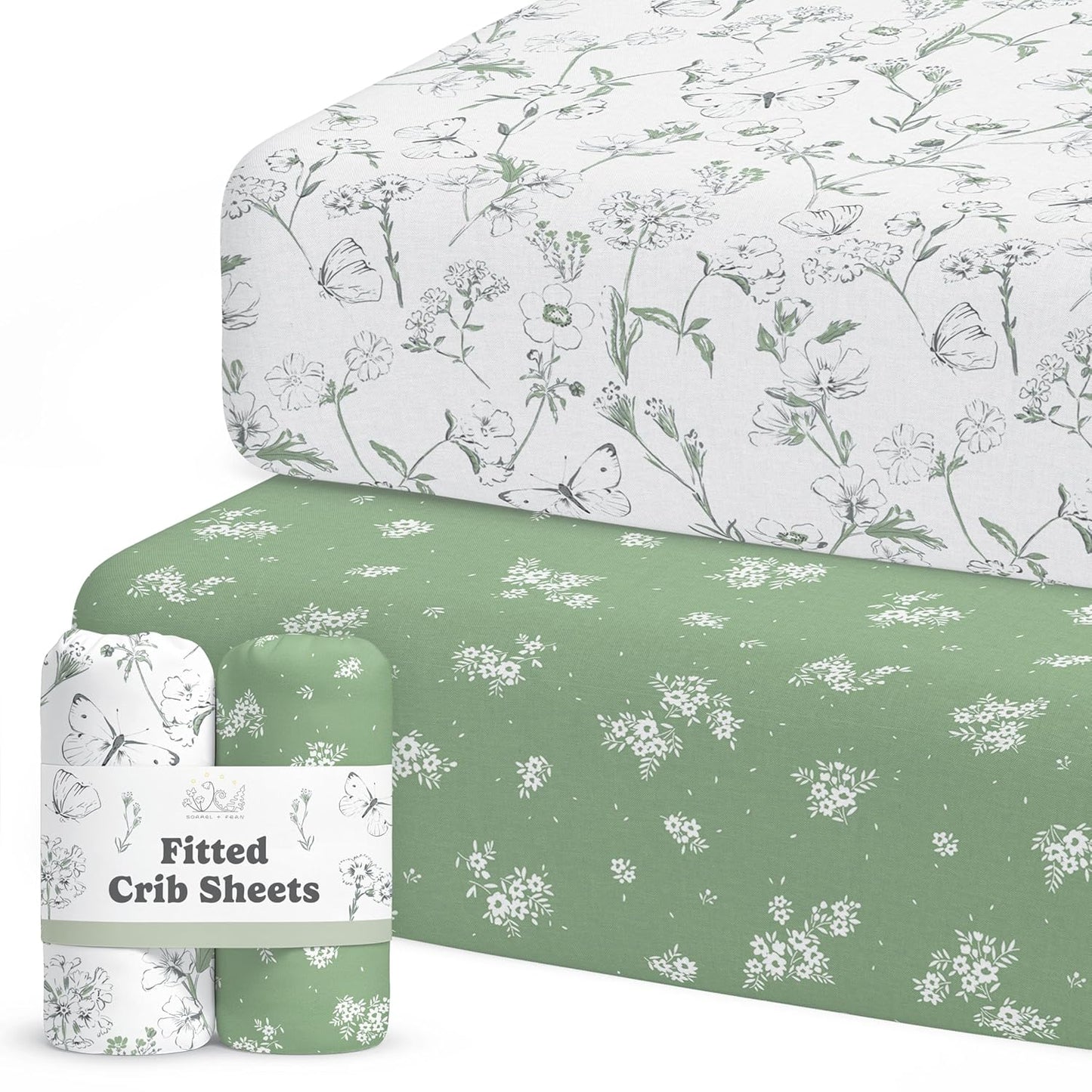 Skiennix Fitted Baby Crib Sheets - Buttery Soft Organic Cotton Blend - 2 Pack in Butterfly Garden Design