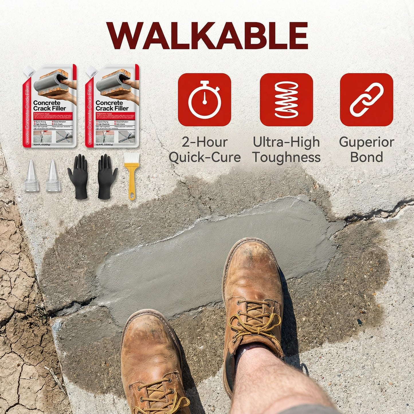 Concrete Crack Filler 2-Pack 2.2LB Grey, Self-Leveling High Elasticity Cement Sealant, Waterproof Repair Caulk for Driveway, Patio, Sidewalk, Garage, Basement– Professional-Grade Durability