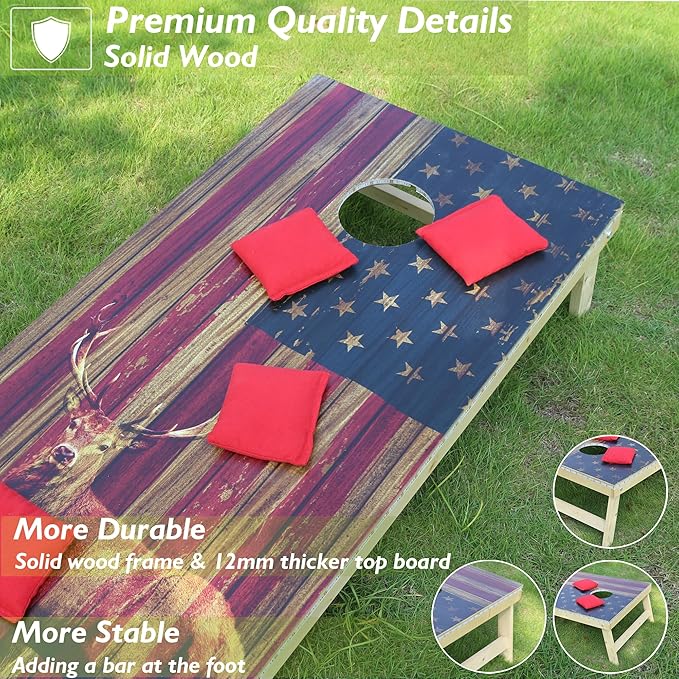 LED Cornhole Board Set 4FTx2FT Solid Wood Regulation Size Cornhole Set with LED Lights Includes 8 Cornhole Bags for Adults (USA Flag & Deer, 4'x2')