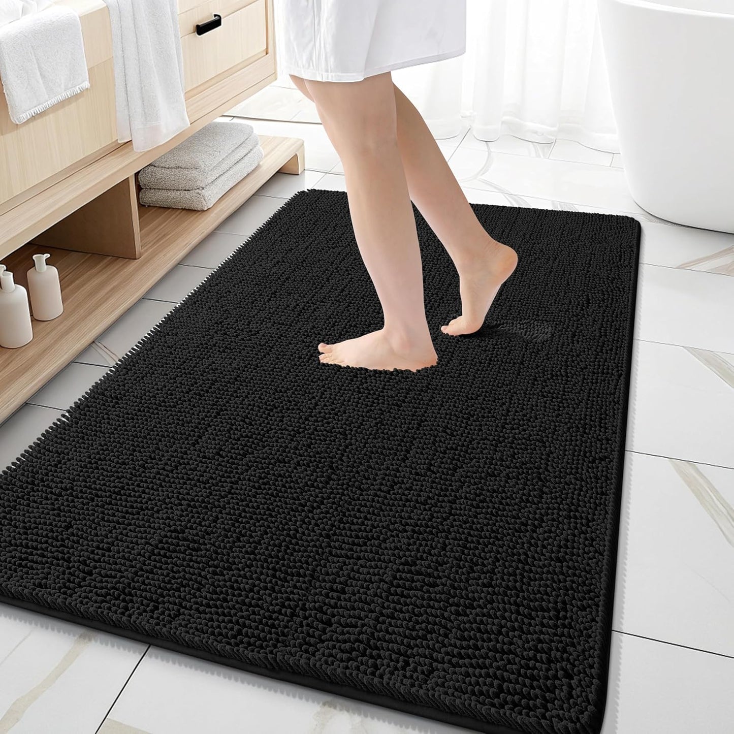 OLANLY Large Bathroom Rugs - Extra Soft Chenille Bath Mats | Quick Dry & Machine Washable, 59x35 in Black
