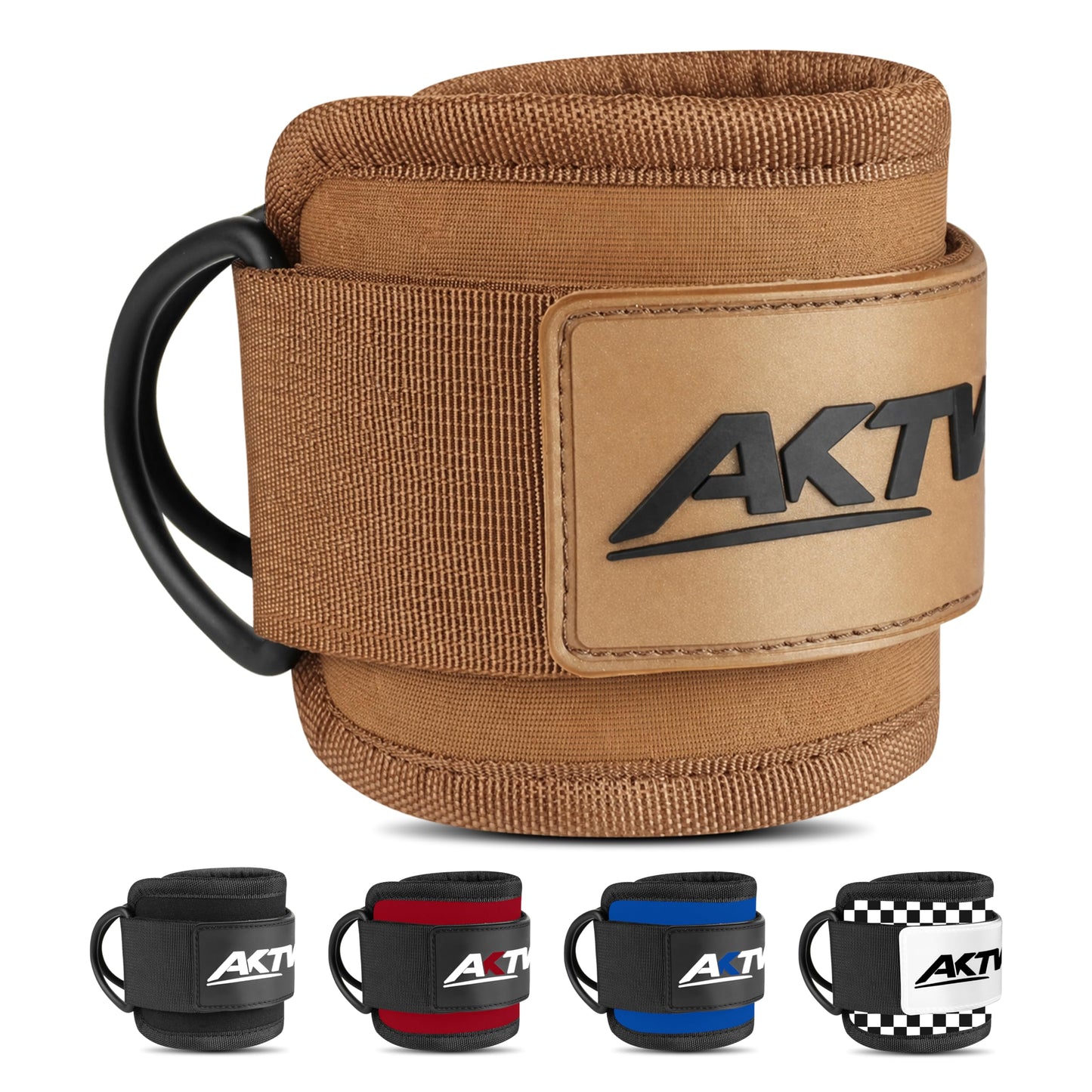 AKTV8 Ankle Straps for Cable Machine – 9mm Padded Neoprene Ankle Cuffs with Heavy Duty Dual D-Rings for Secure Glute Kickbacks, Hip Abductions, Cable Leg Curls & Lower Body Workouts (Brown, Single)
