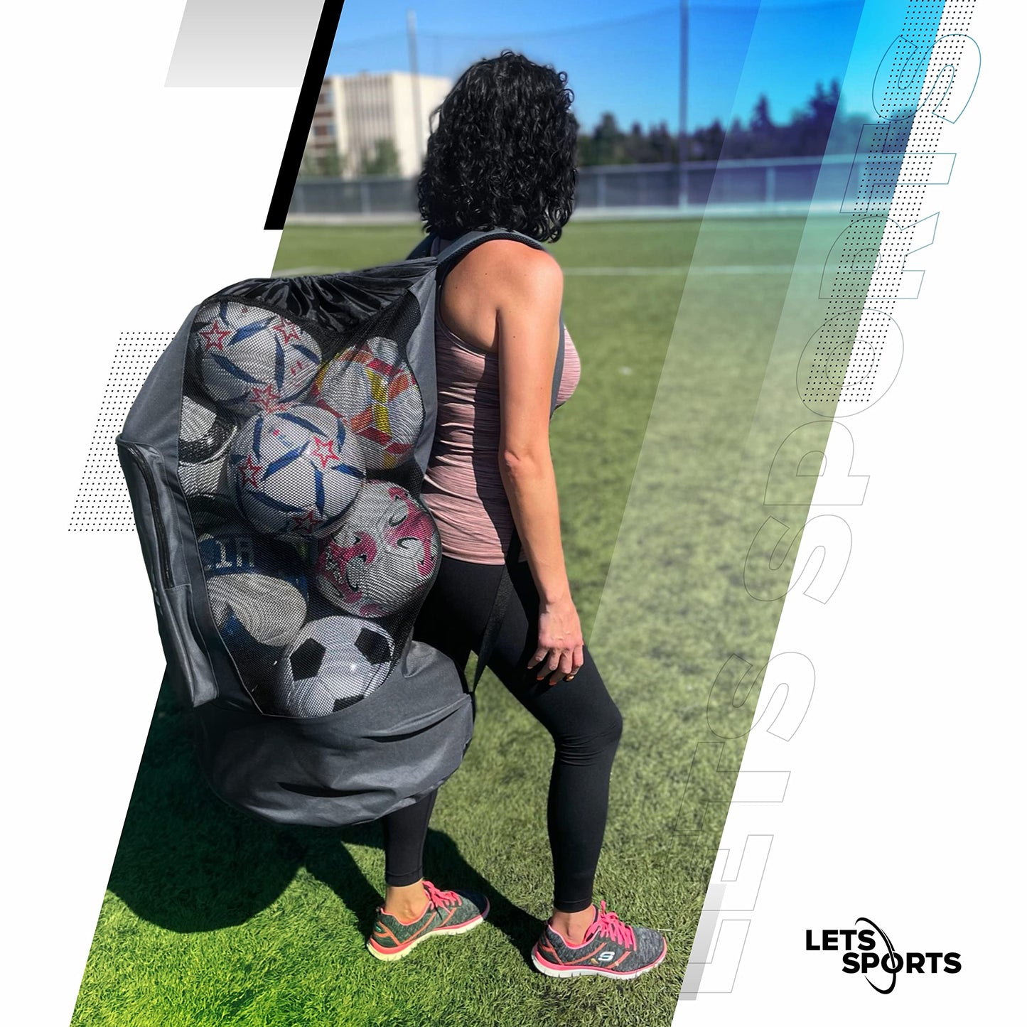 LETS Sports Soccer Ball Bag for Basketball, Volleyball & Football | Large Drawstring Ball Bags Mesh | Heavy-Duty Soccer Ball Bags for Coaches | Equipment Bag w/Shoulder Strap | 37" x 17" - Grey Black
