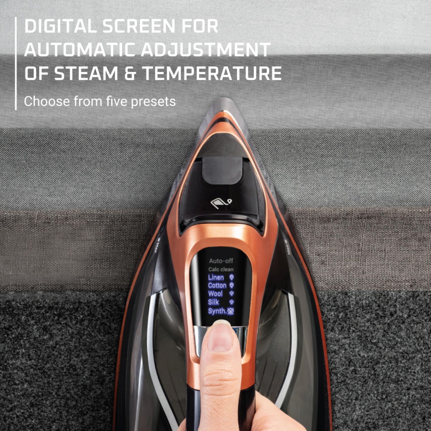 Rowenta Iron Steam Force Pro Steam Iron for Clothes, 1850 Watts, 5 Presets Smart Screen, Stainless Steel Soleplate, High-Efficiency Handheld Steamer Ironing, Anti-Drip Protection, Black Copper, DW9580