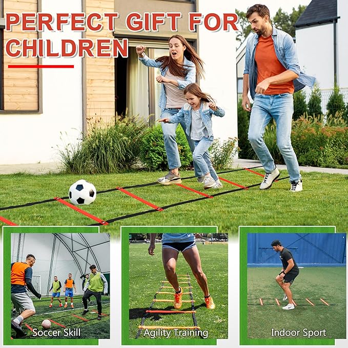 Fixed Rung Agility Ladder - 20ft 12 Rungs No Tangle Speed and Agility Training Equipment for Soccer Footwork Training with Carrying Bag/Ground Stakes for Adults Youth Kids