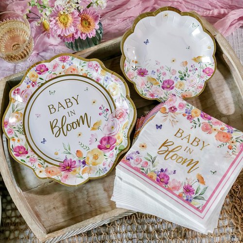 Kate Aspen Baby in Bloom 62 Piece Party Tableware Set Baby Shower Party Decorations Plates & Napkins, Vibrant Floral Botanical (16 Guests)- Perfect for Greenery Baby Shower