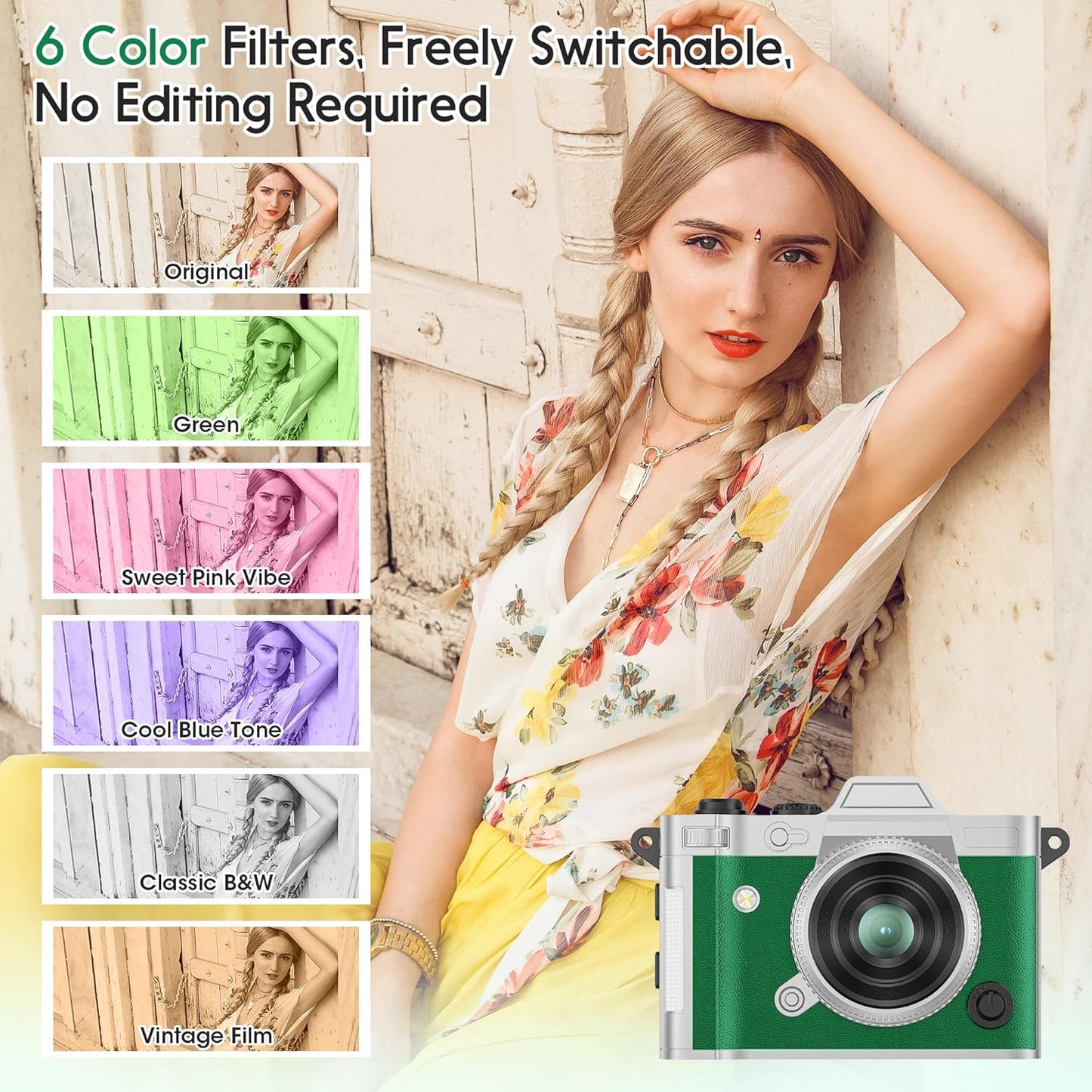 Dienspeak Y2K 2K 16GB Pocket Mini Camera, Retro Keychain Digital Camera with Leather Body, Small Portable HD Video