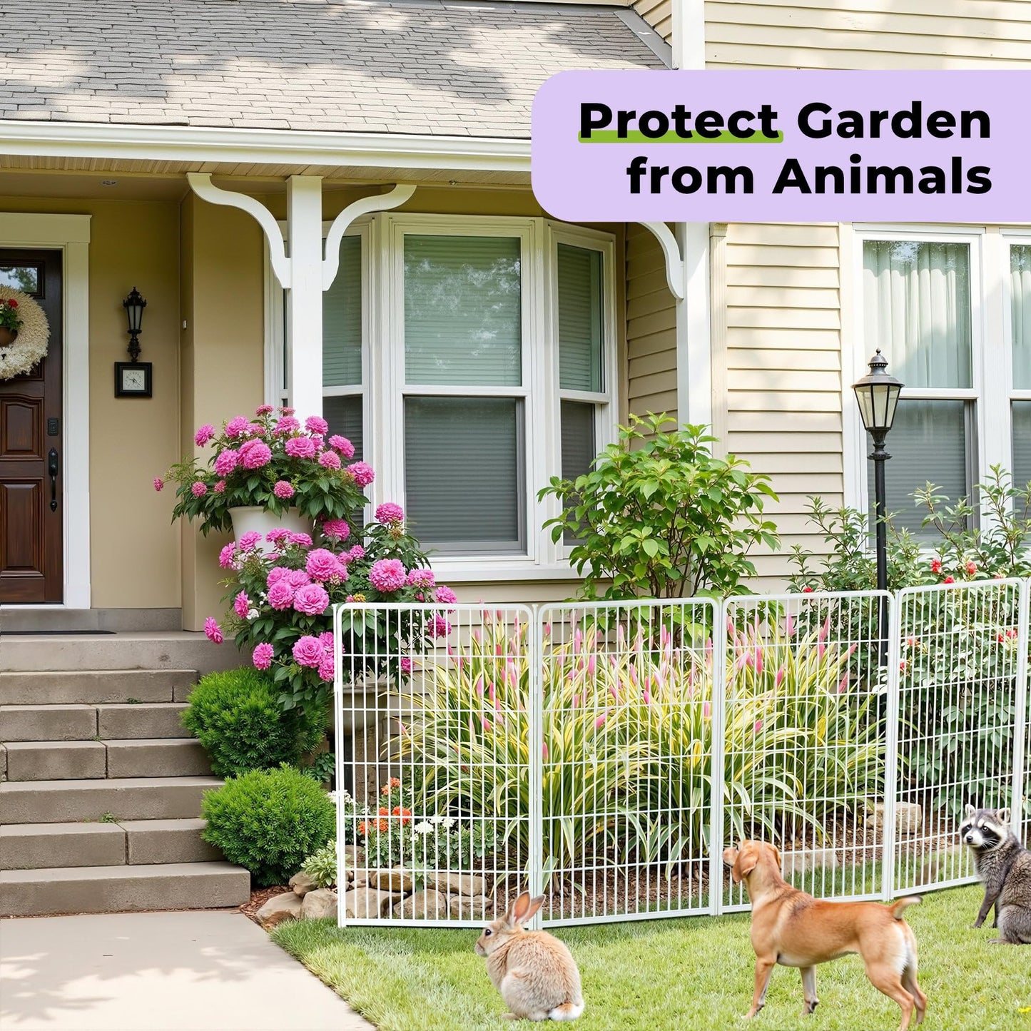 SunsGrove Garden Fence with Gate, 24 in(H) x 11.1 ft(L) 6 Panels Heavy Duty Metal Animal Barrier Fence for Yard, Suitable for Indoor or Outdoor Dog Pet Fence, Garden Fence Border, White