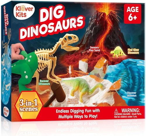 JOVA Dinosaur Fossil Digging Kit - 3-in-1 STEM Learning Toy with Glow-in-the-Dark Dinosaurs & Sensory Play Sand | DIY Kit for Kids Aged 6+