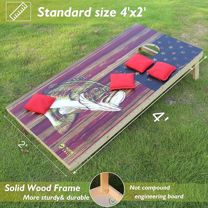 LED Cornhole Board Set 4FTx2FT Solid Wood Regulation Size Cornhole Set with LED Lights Includes 8 Cornhole Bags for Adults (USA Flag & Fish, 4'x2')