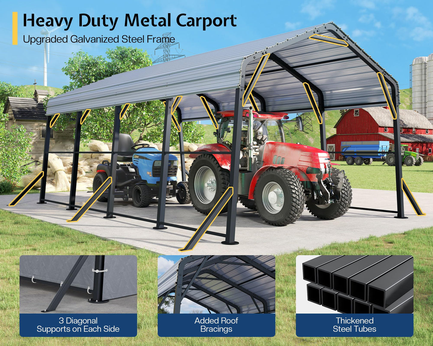 Jocisland 12x20x10.5 FT Heavy Duty Metal Carport, All-Weather Car Canopy with Waterproof Removable Sidewalls, Reinforced Base & Galvanized Steel Roof, Car Shelter for Cars, Boats, Trucks