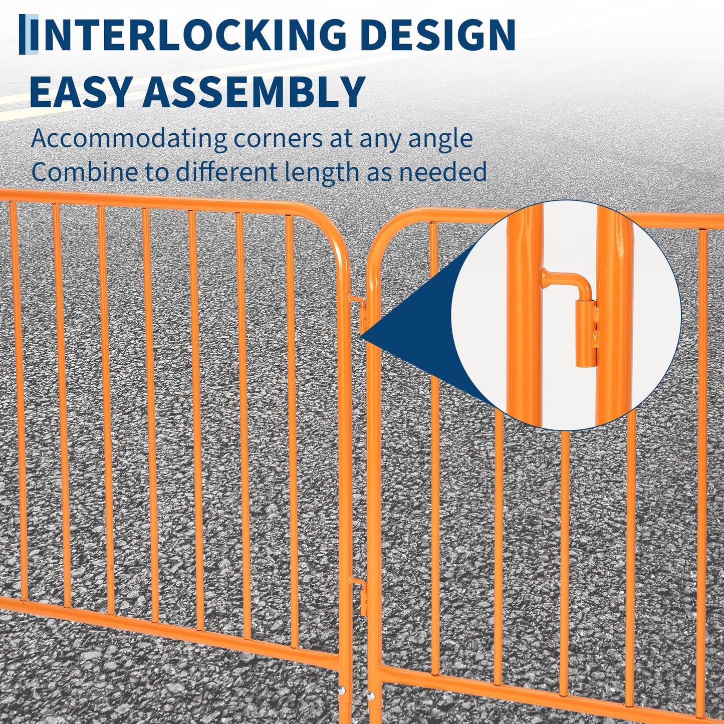 Heavy Duty Interlinked Steel Safety Barricade – Removable Flat Feet, Portable, Weather Resistant, Durable Metal Crowd Control Barrier for Outdoor Events, Construction, Parking, Facility, 8.5FT
