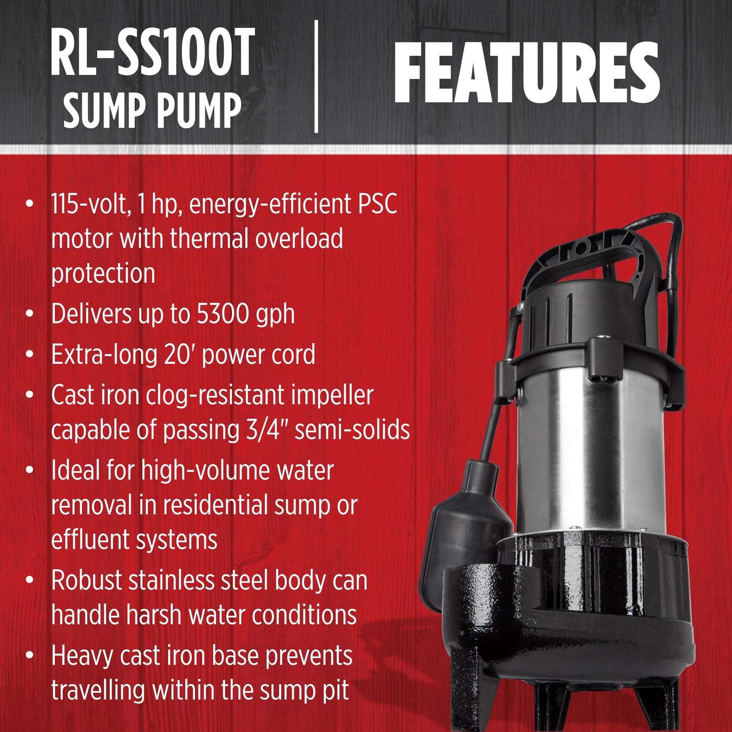Red Lion RL-SS100T 115 Volt, 1 HP, 5300 GPH Premium Submersible Stainless Steel Sump Pump with Tethered Switch and 20-Ft. Cord, Black, 14942782